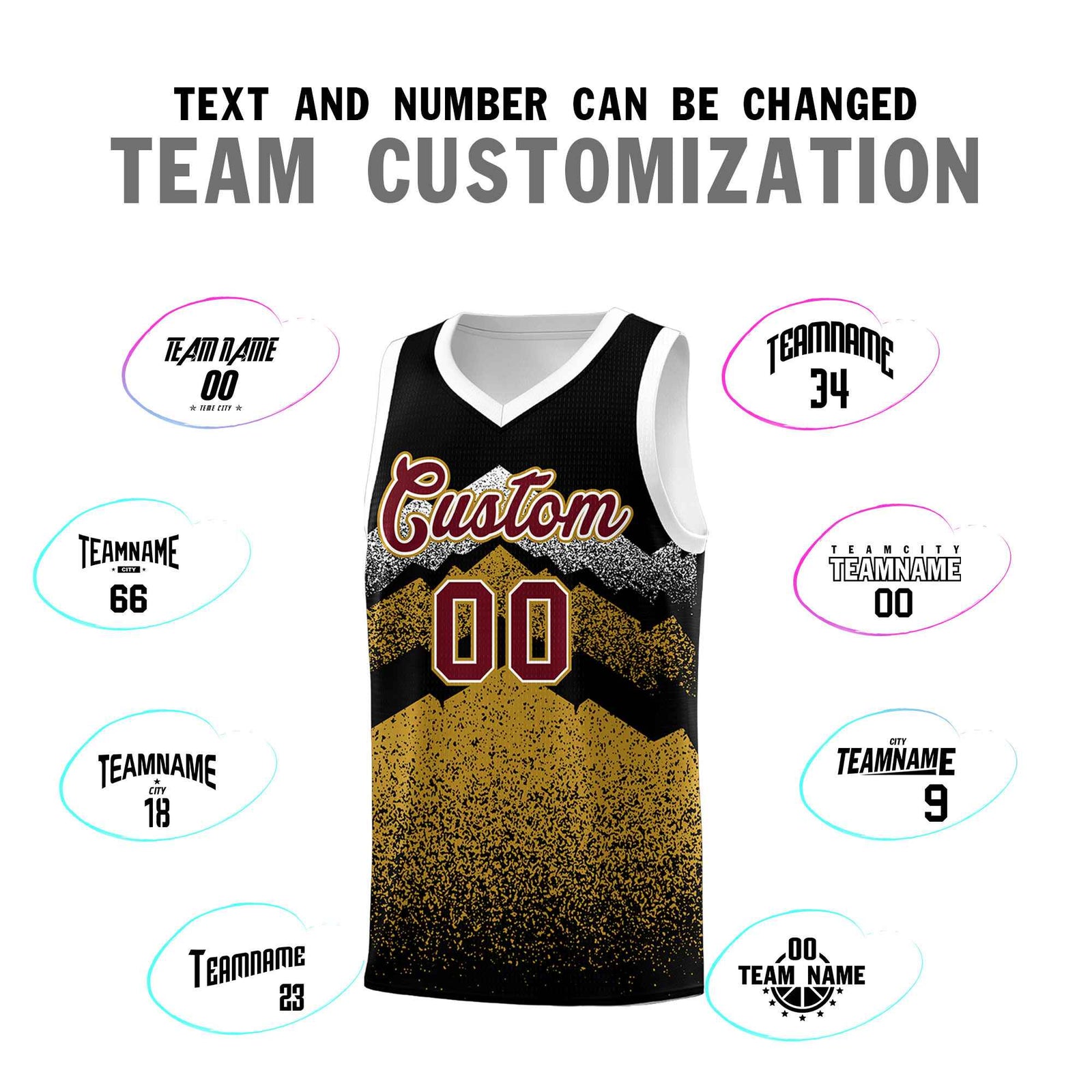 Custom Youth Basketball Jerseys Black Old Gold Gradient Mountain Design Uniforms