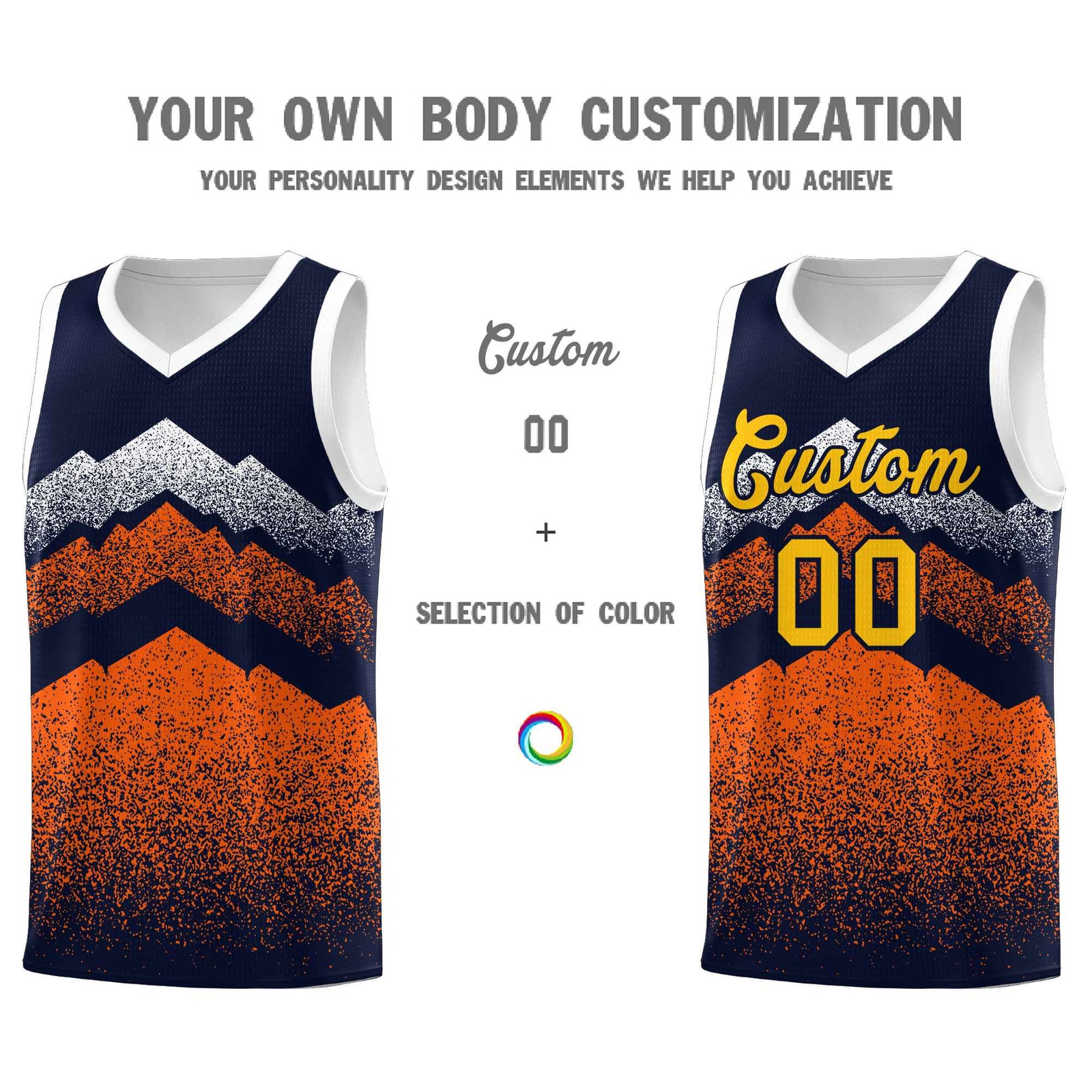 Personalized Youth Basketball Jerseys Navy Orange Gradient Mountain Design Uniforms