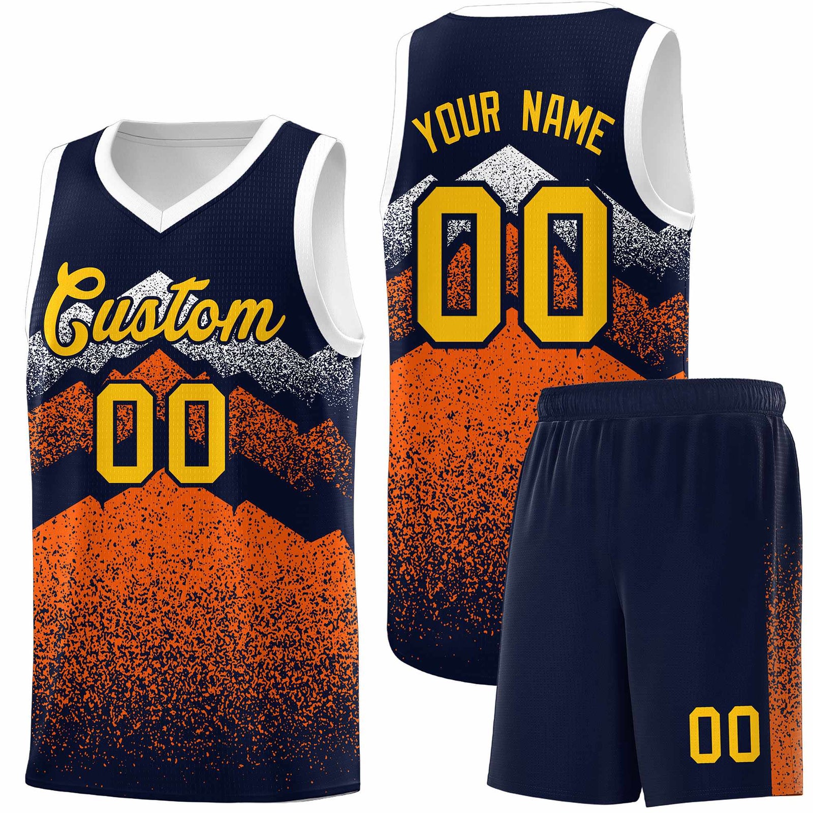 Personalized Youth Basketball Jerseys Navy Orange Gradient Mountain Design Uniforms