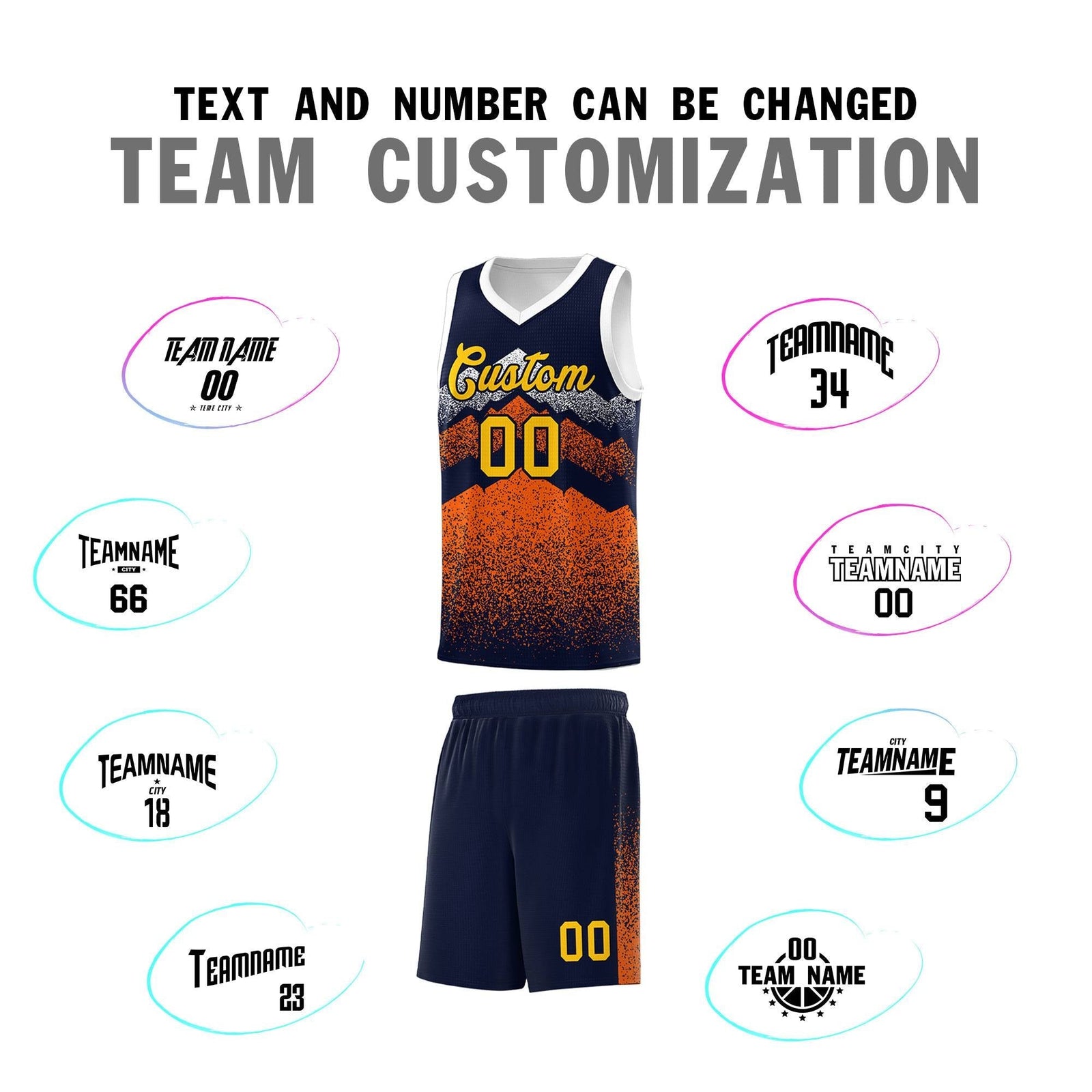 Personalized Youth Basketball Jerseys Navy Orange Gradient Mountain Design Uniforms
