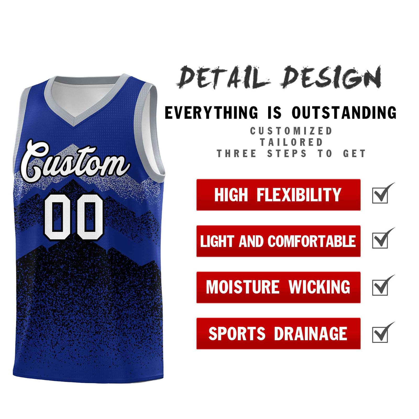 Personalized Youth Basketball Jerseys Royal Black Gradient Mountain Design Uniforms