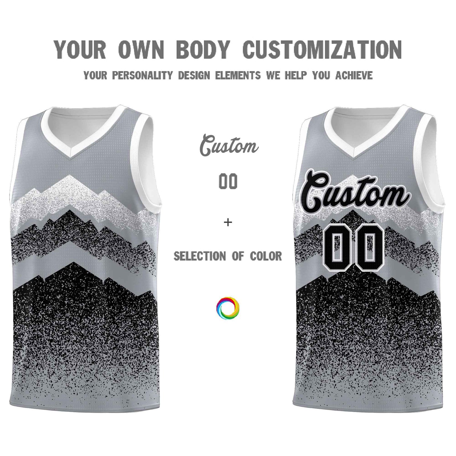 Personalized Youth Basketball Jerseys Gray Black Gradient Mountain Design Uniforms