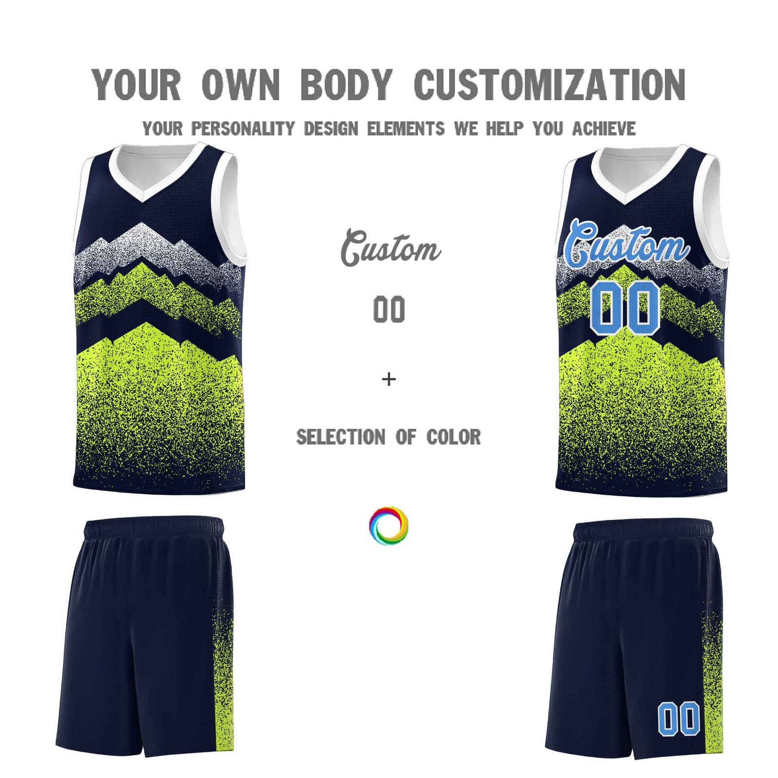 Personalized Youth Basketball Jerseys Navy Neon Green Gradient Mountain Design Uniforms