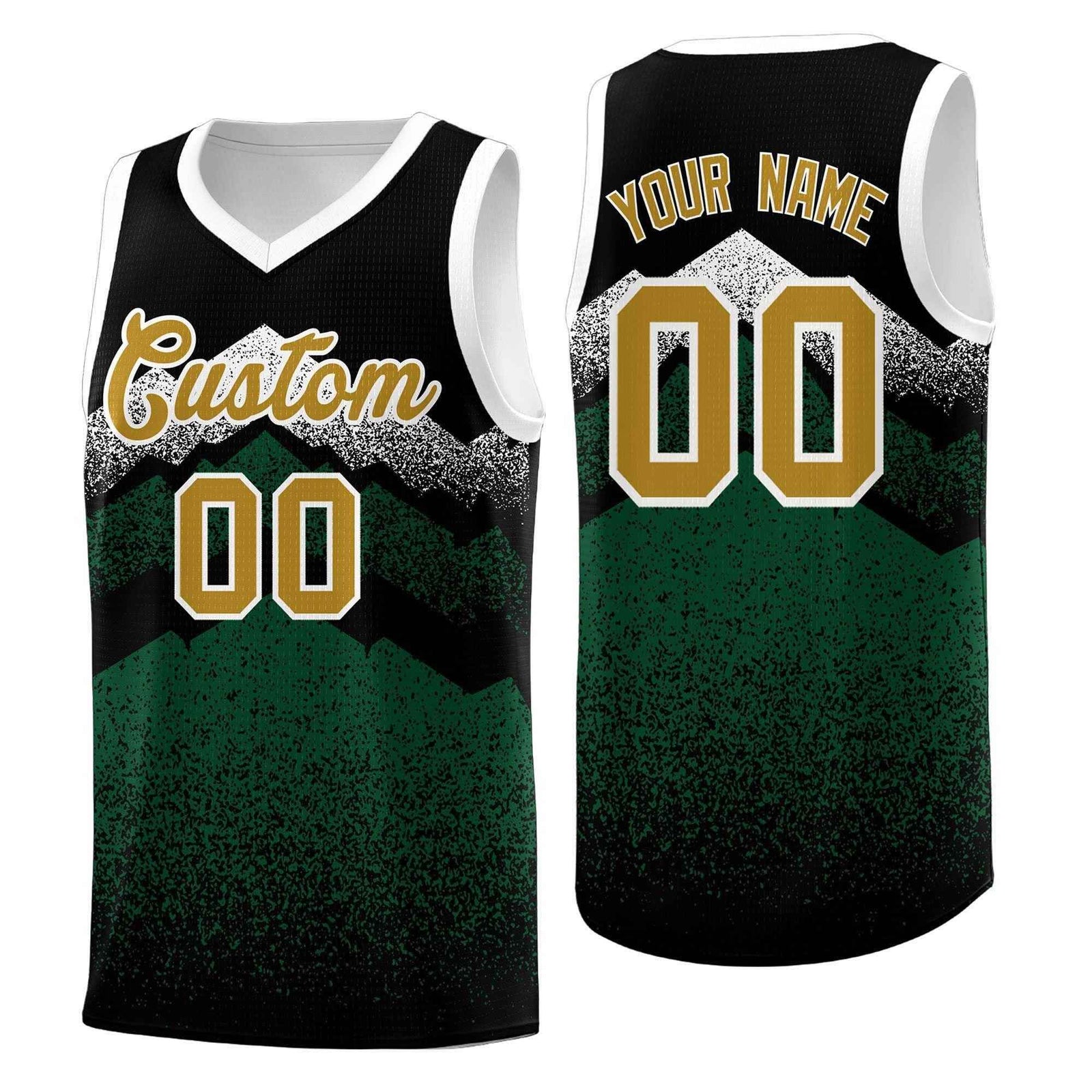 Personalized Youth Basketball Jerseys Black Green Gradient Mountain Design Uniforms