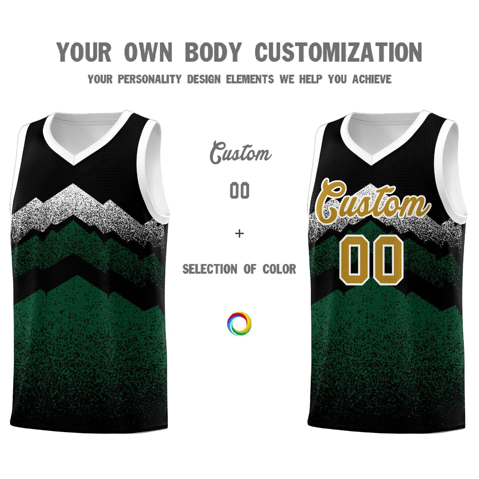 Personalized Youth Basketball Jerseys Black Green Gradient Mountain Design Uniforms
