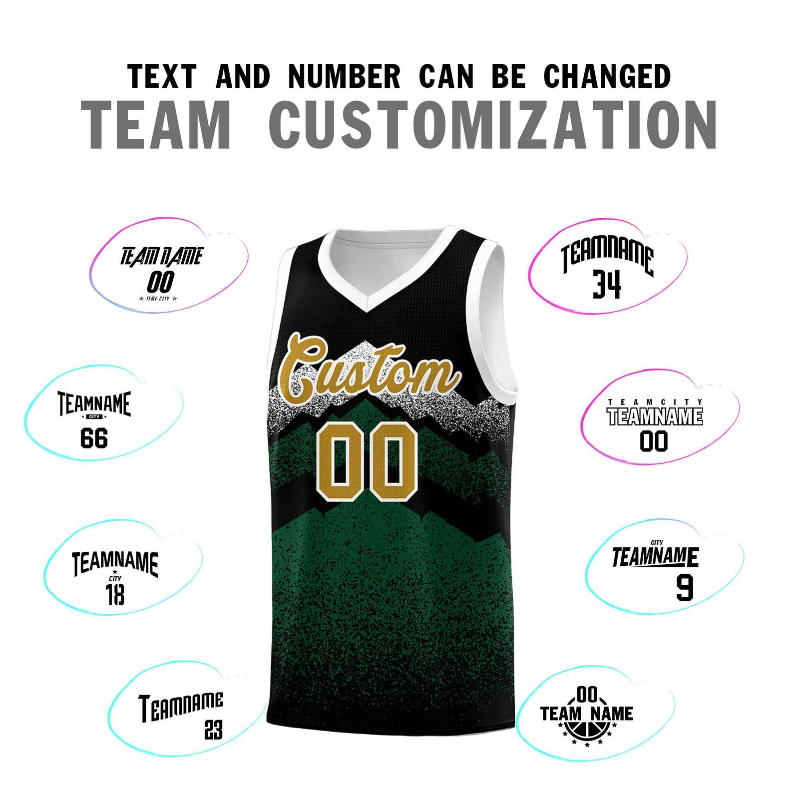 Personalized Youth Basketball Jerseys Black Green Gradient Mountain Design Uniforms
