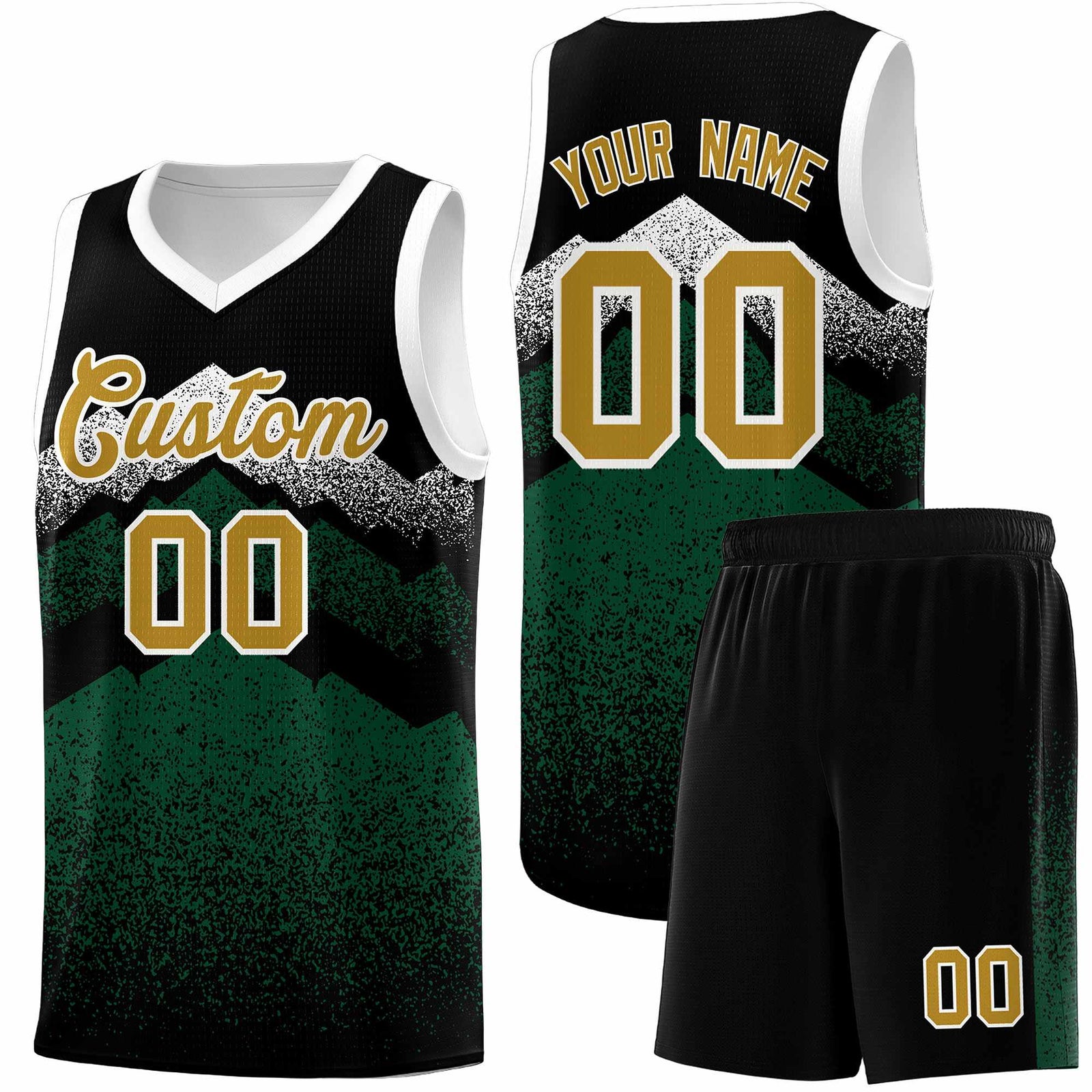 Personalized Youth Basketball Jerseys Black Green Gradient Mountain Design Uniforms