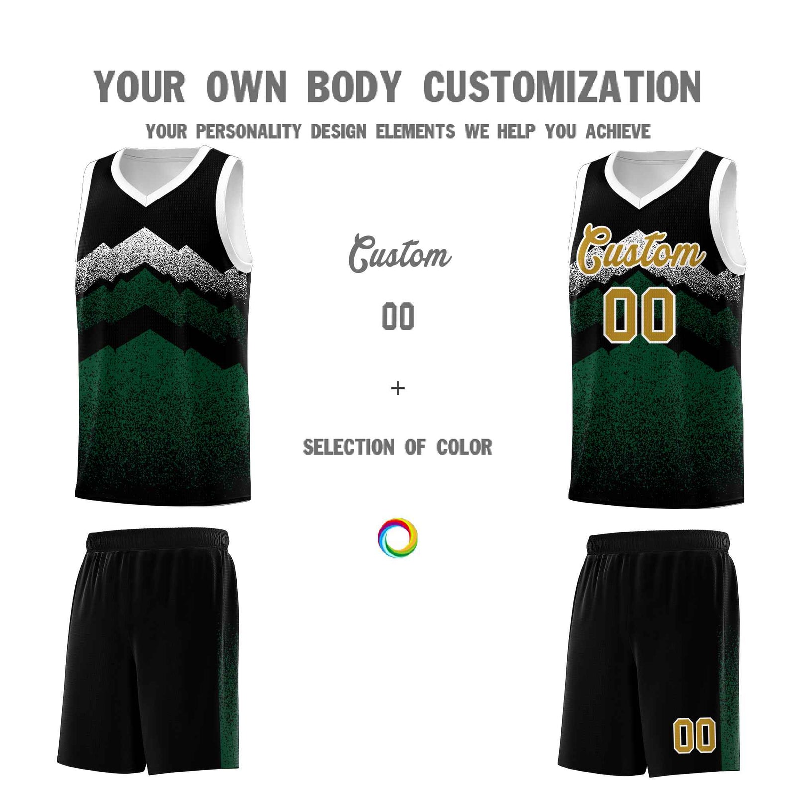 Personalized Youth Basketball Jerseys Black Green Gradient Mountain Design Uniforms