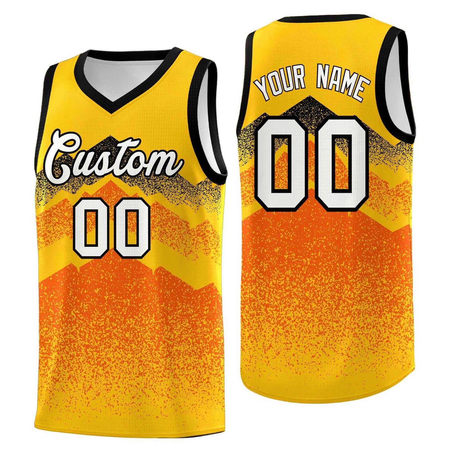 Personalized Youth Basketball Jerseys Yellow Orange Gradient Mountain Design Uniforms