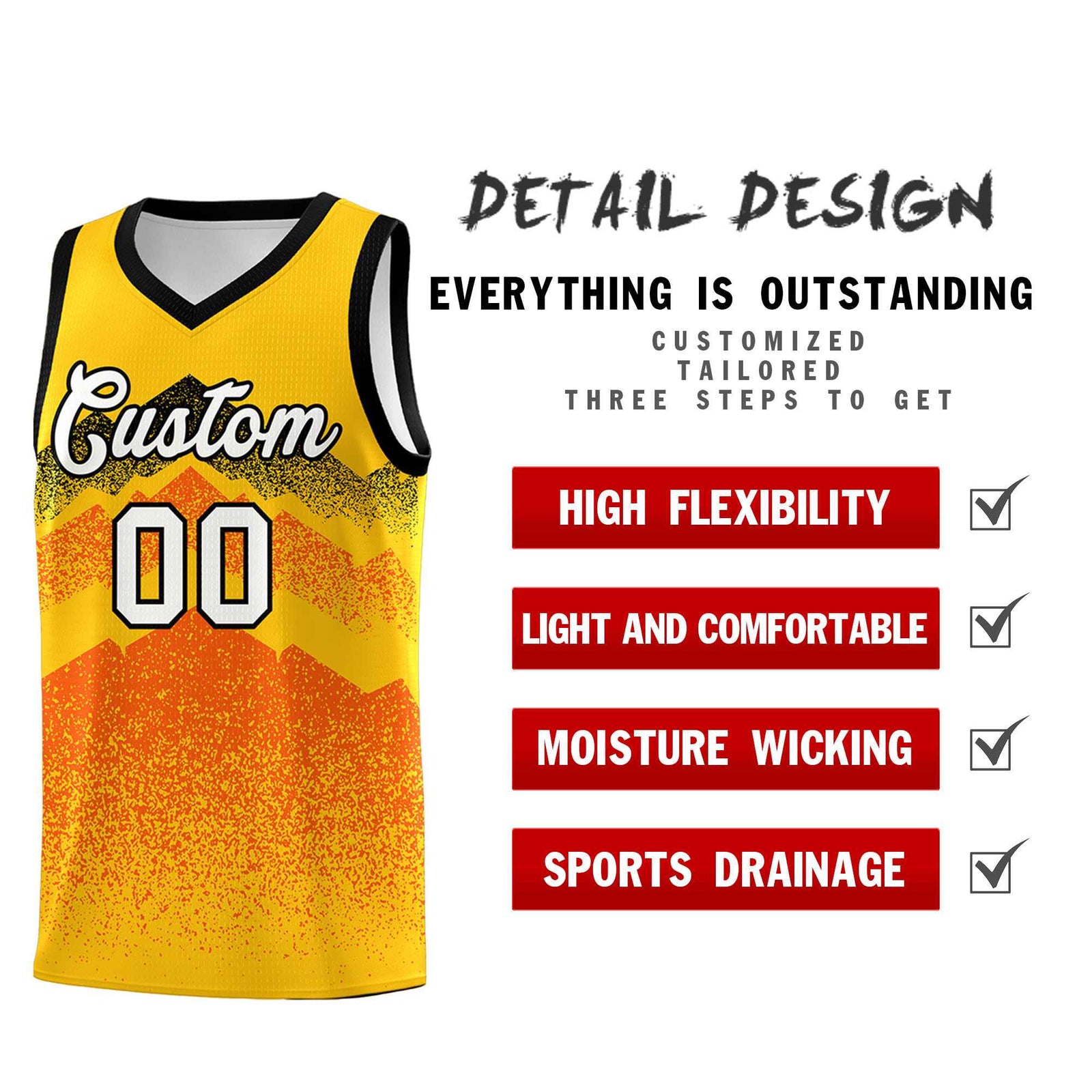 Personalized Youth Basketball Jerseys Yellow Orange Gradient Mountain Design Uniforms