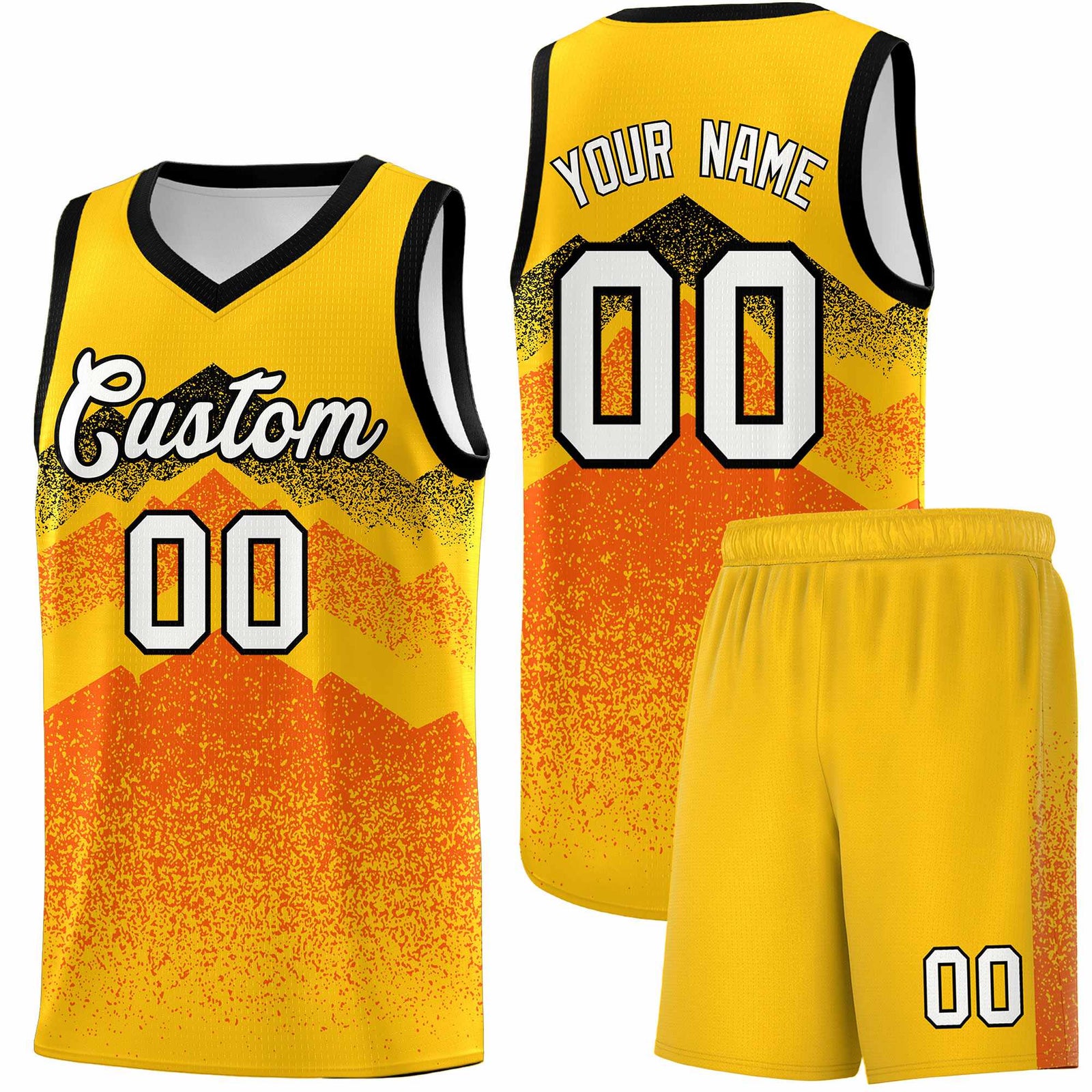 Personalized Youth Basketball Jerseys Yellow Orange Gradient Mountain Design Uniforms