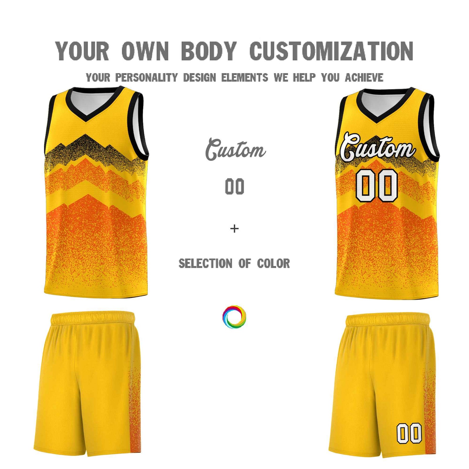 Personalized Youth Basketball Jerseys Yellow Orange Gradient Mountain Design Uniforms