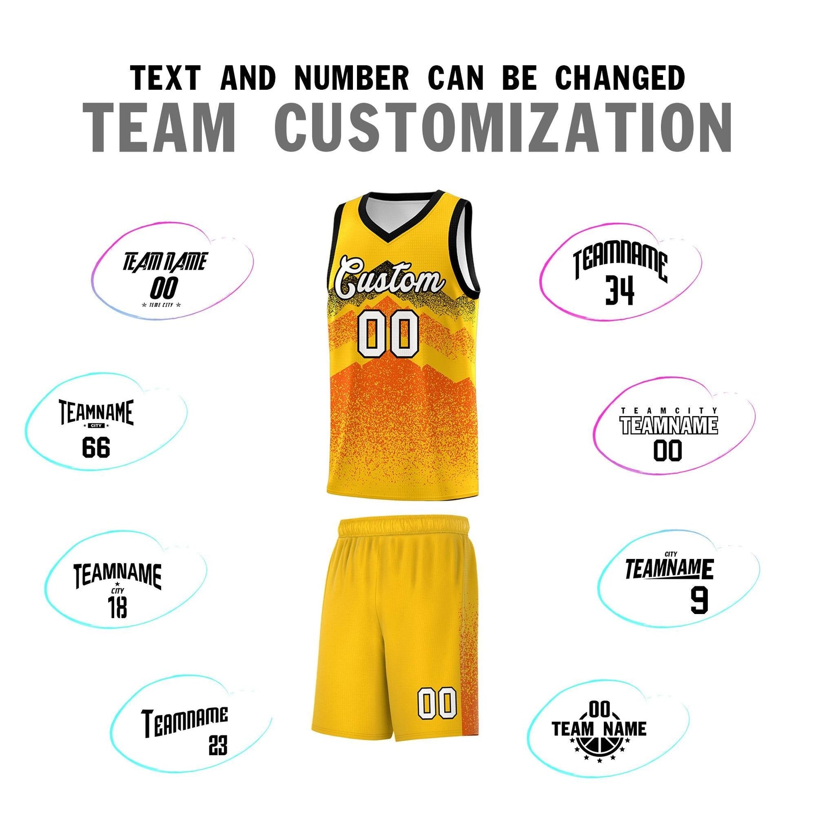 Personalized Youth Basketball Jerseys Yellow Orange Gradient Mountain Design Uniforms
