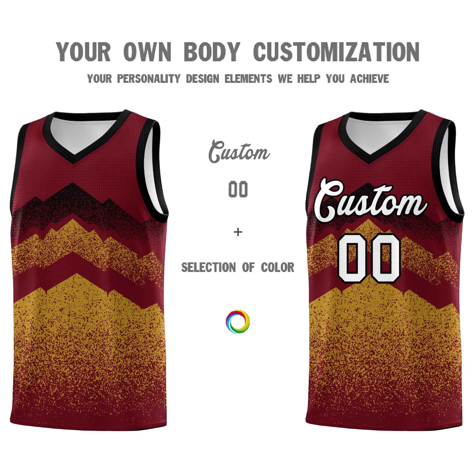 Personalized Youth Basketball Jerseys Crimson Old Gold Gradient Mountain Design Uniforms