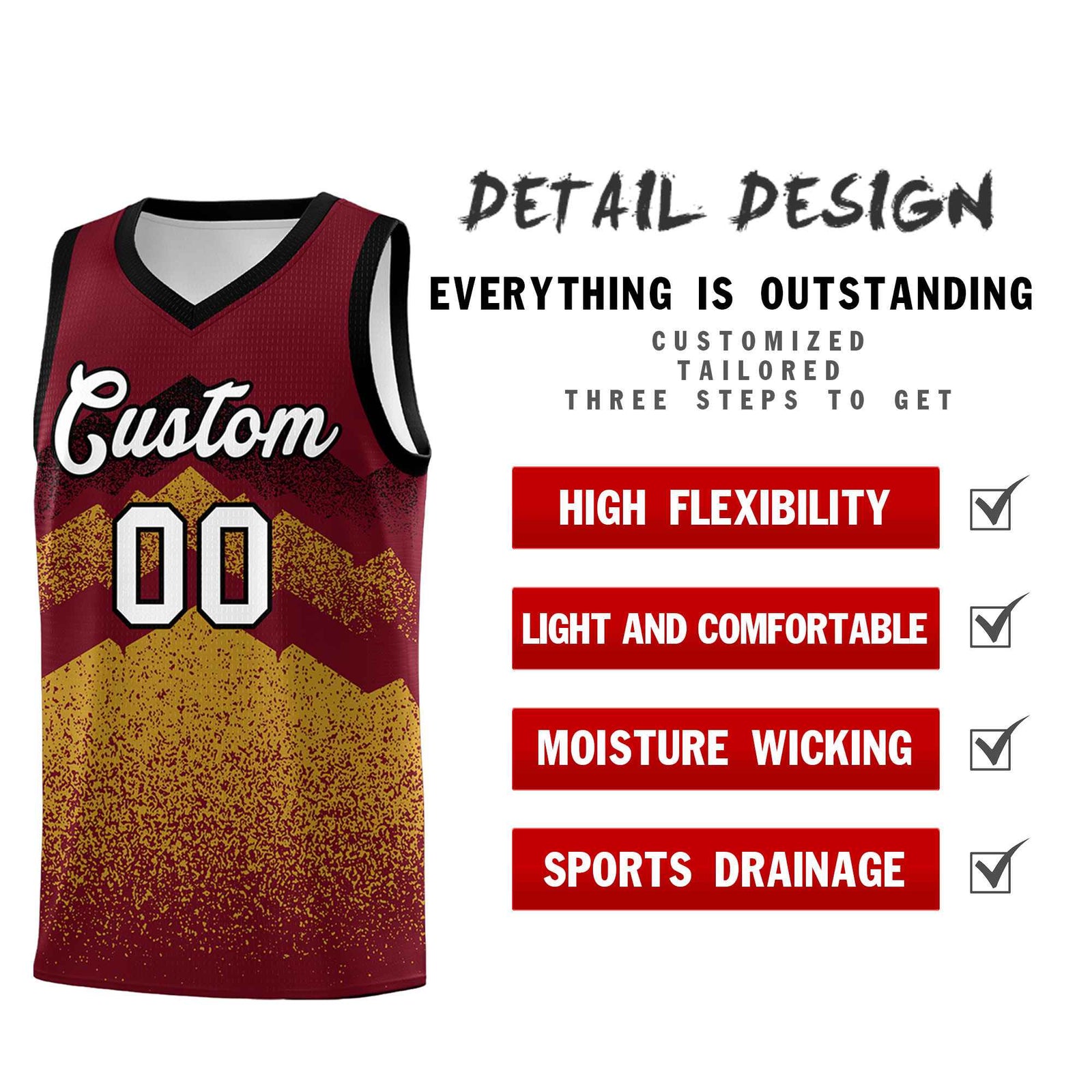 Personalized Youth Basketball Jerseys Crimson Old Gold Gradient Mountain Design Uniforms