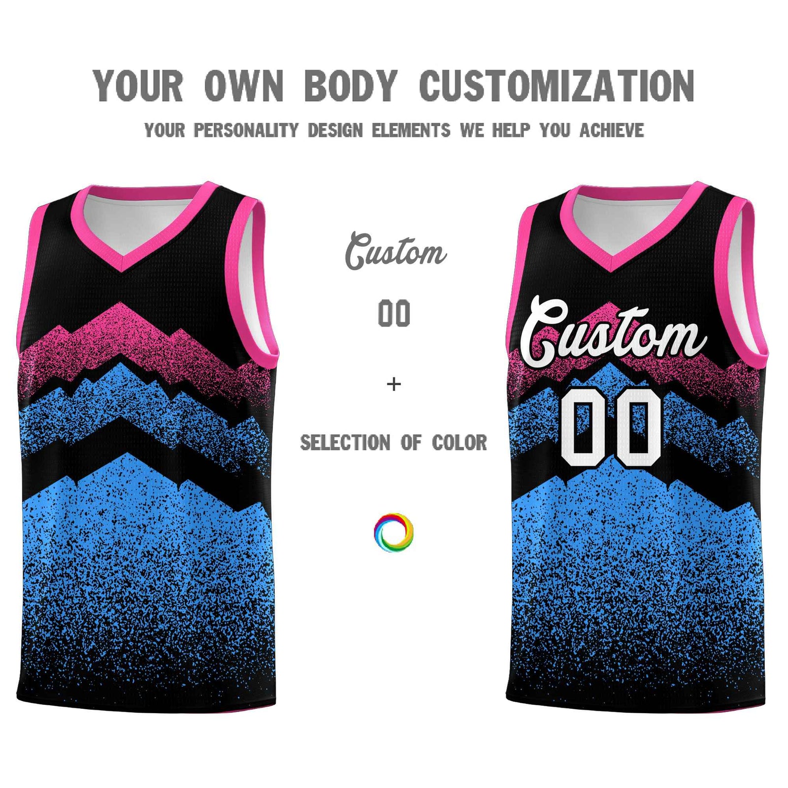 Custom Youth Basketball Jerseys Black Powder Blue Gradient Mountain Design Uniforms
