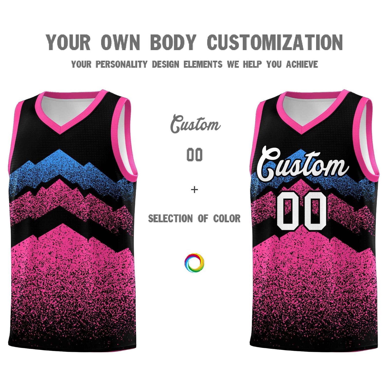 Personalized Youth Basketball Jerseys Black Pink Gradient Mountain Design Uniforms