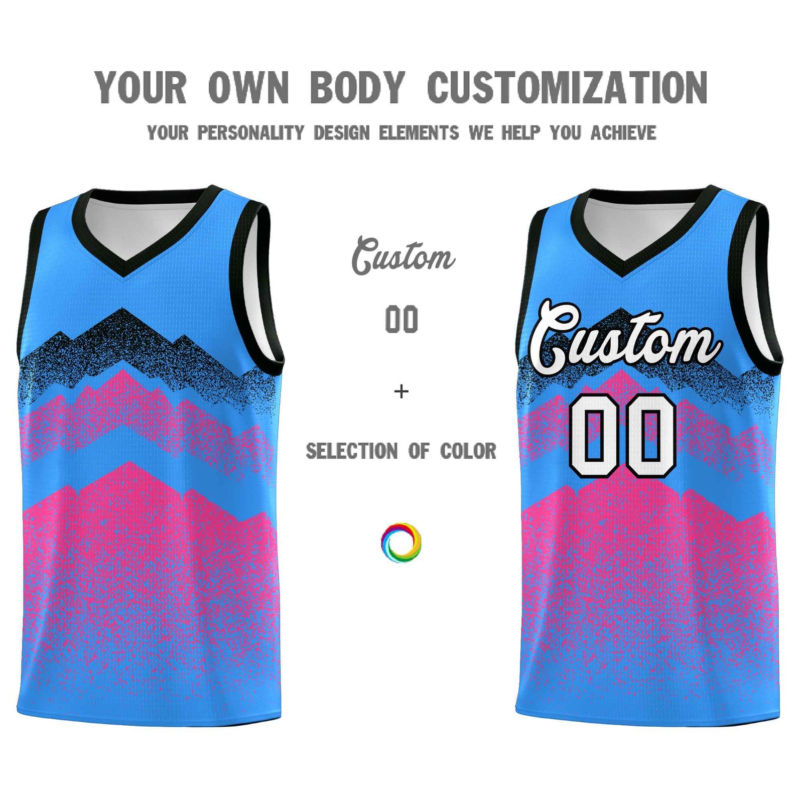 Custom Youth Basketball Jerseys Powder Blue Pink Gradient Mountain Design Uniforms
