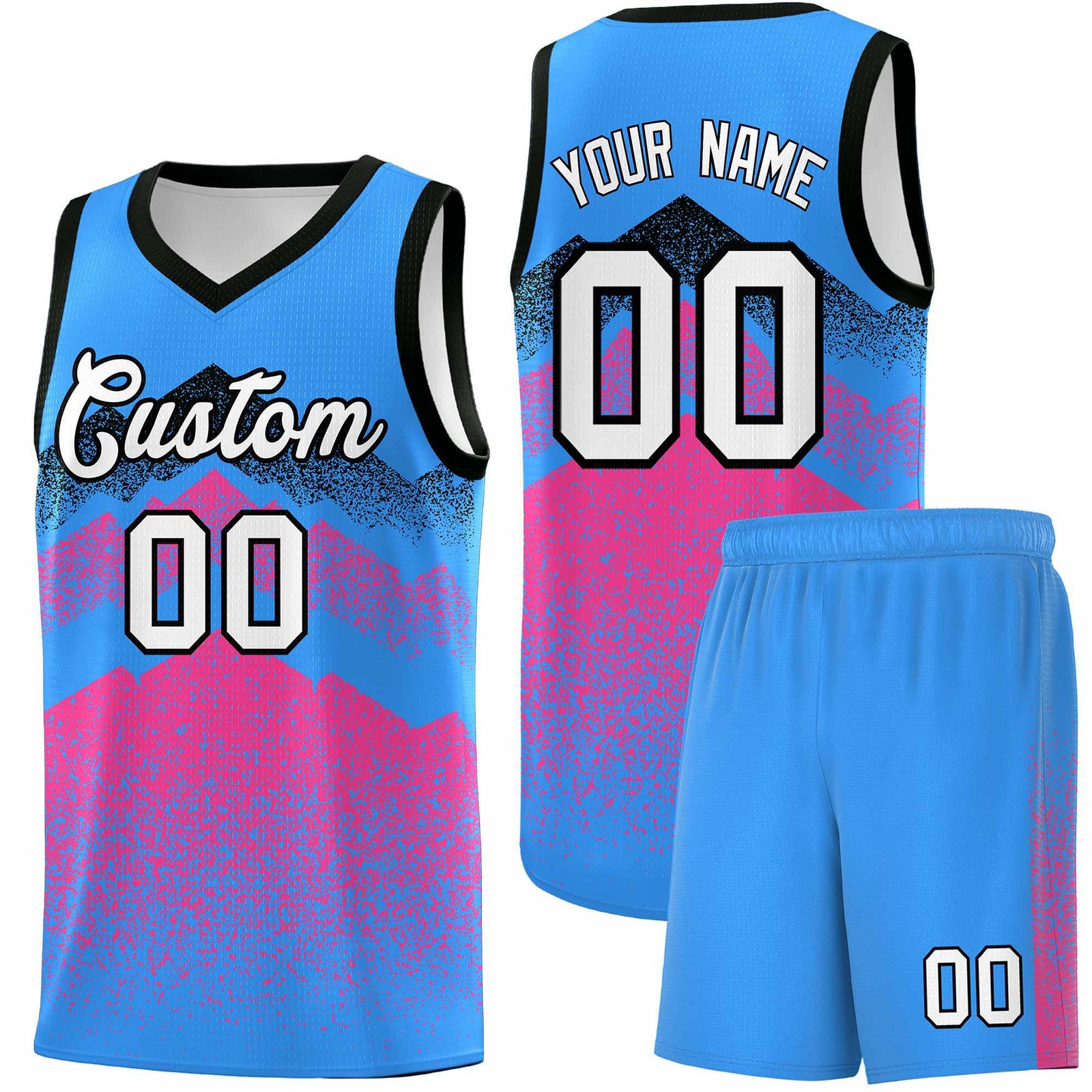 Custom Youth Basketball Jerseys Powder Blue Pink Gradient Mountain Design Uniforms