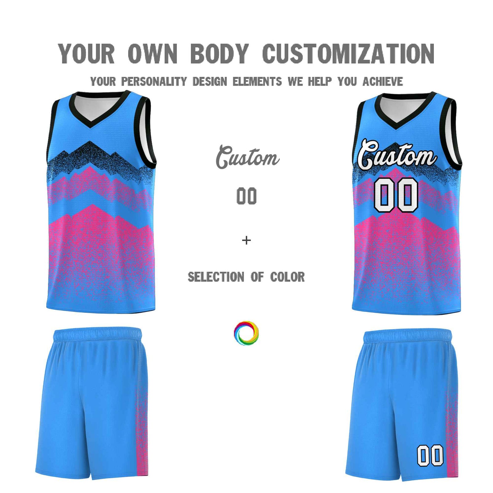 Custom Youth Basketball Jerseys Powder Blue Pink Gradient Mountain Design Uniforms