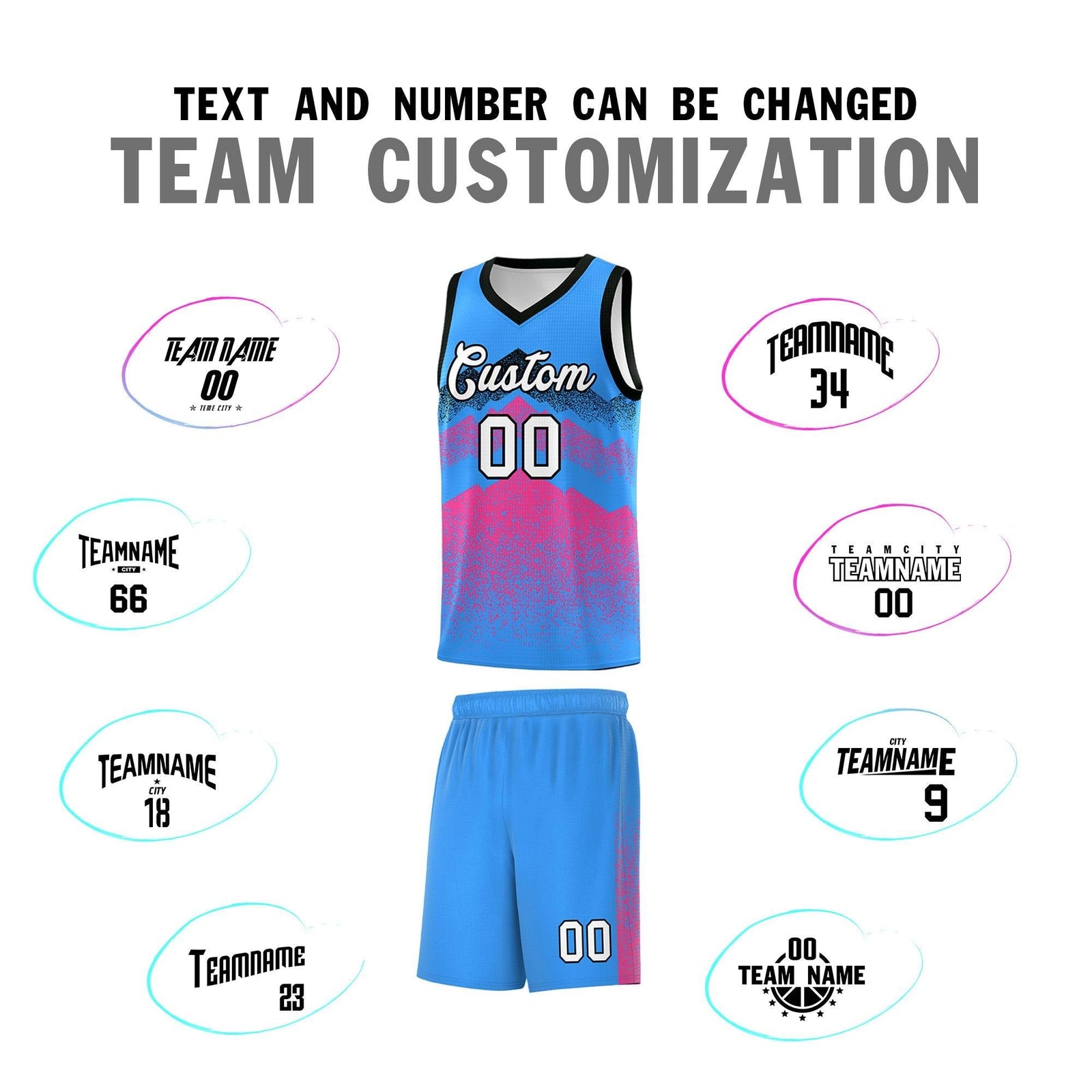 Custom Youth Basketball Jerseys Powder Blue Pink Gradient Mountain Design Uniforms