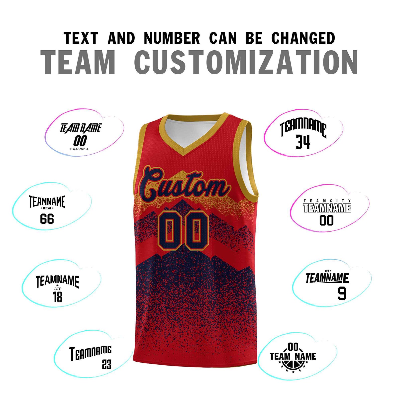 Personalized Youth Basketball Jerseys Red Navy Gradient Mountain Design Uniforms