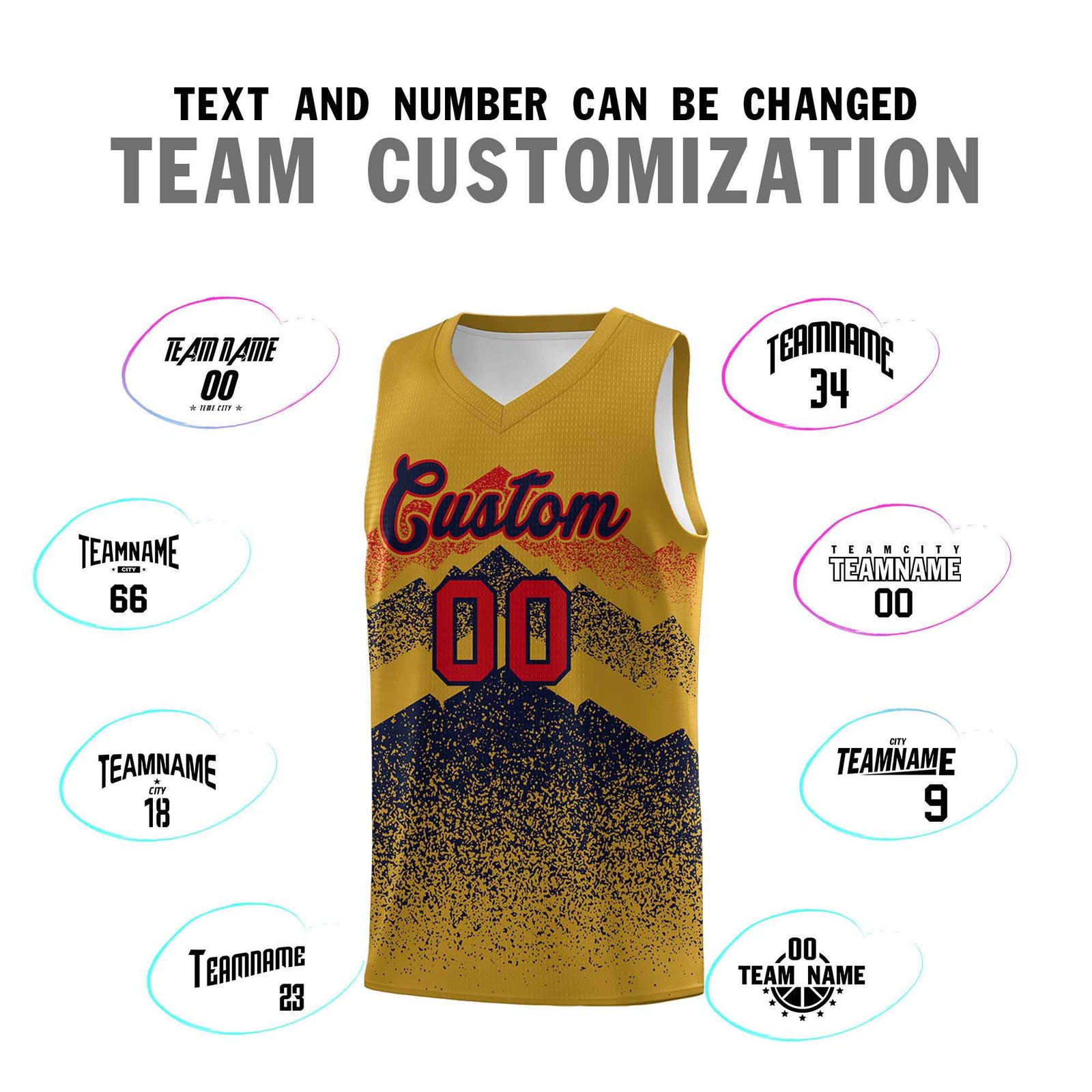 Personalized Youth Basketball Jerseys Old Gold Navy Gradient Mountain Design Uniforms