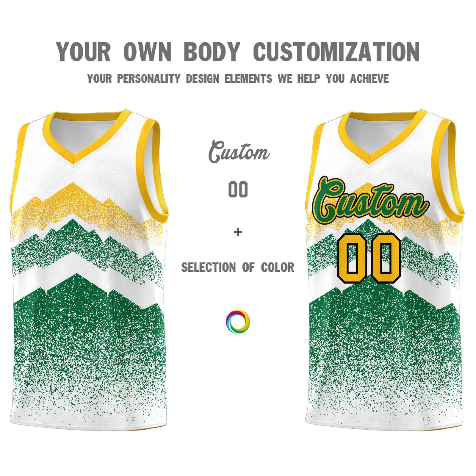 Personalized Youth Basketball Jerseys White Kelly Green Gradient Mountain Design Uniforms