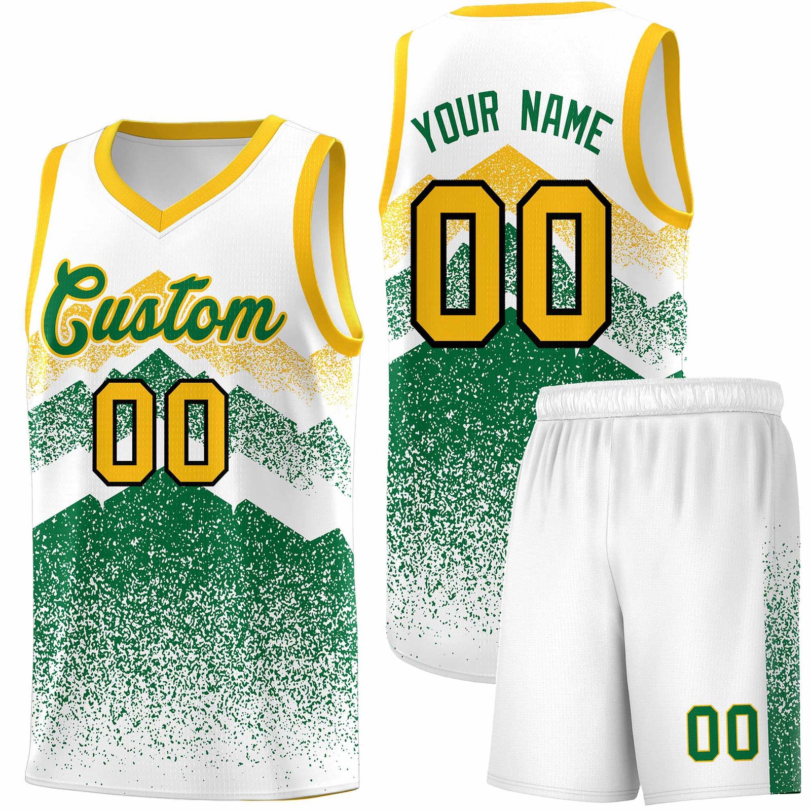 Personalized Youth Basketball Jerseys White Kelly Green Gradient Mountain Design Uniforms