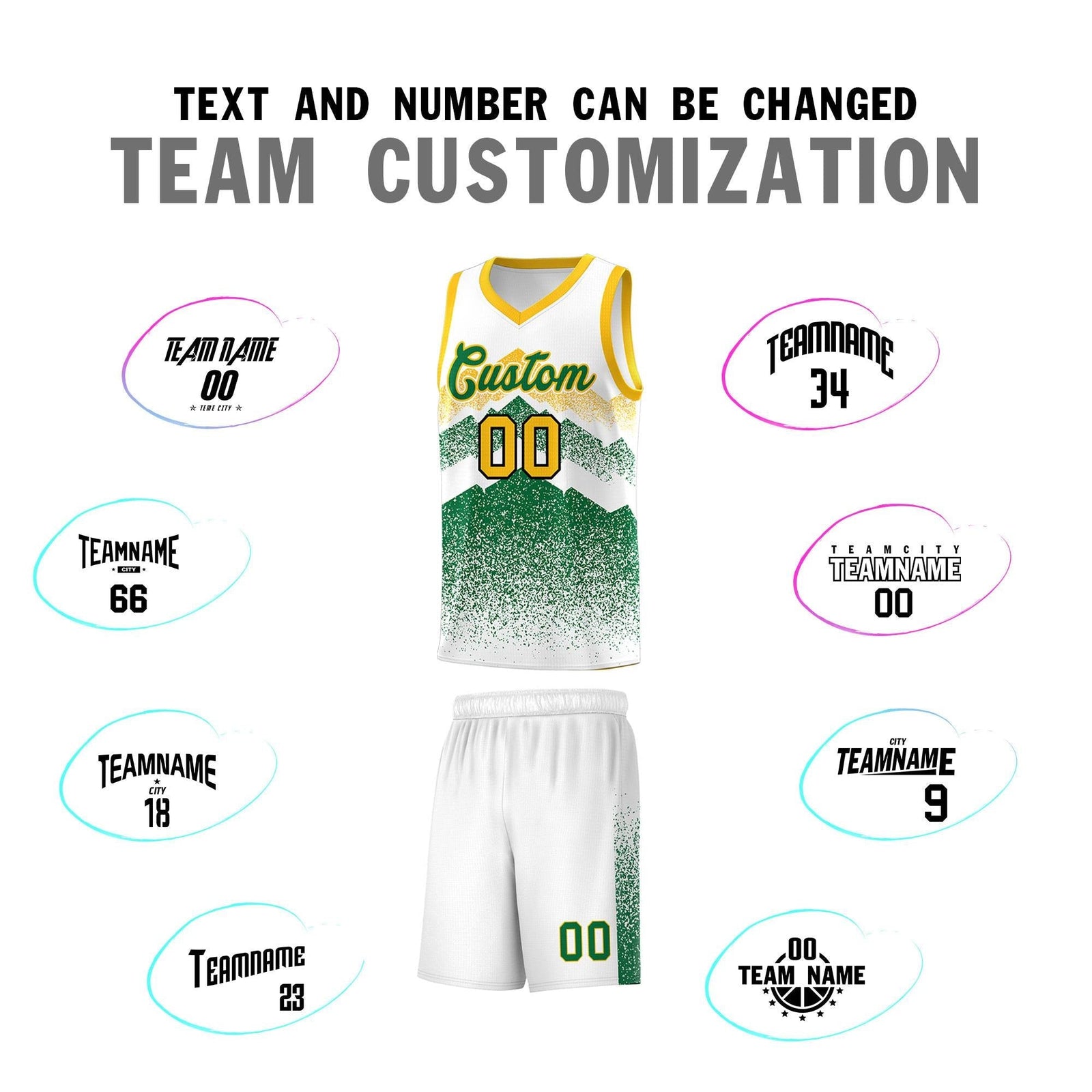 Personalized Youth Basketball Jerseys White Kelly Green Gradient Mountain Design Uniforms