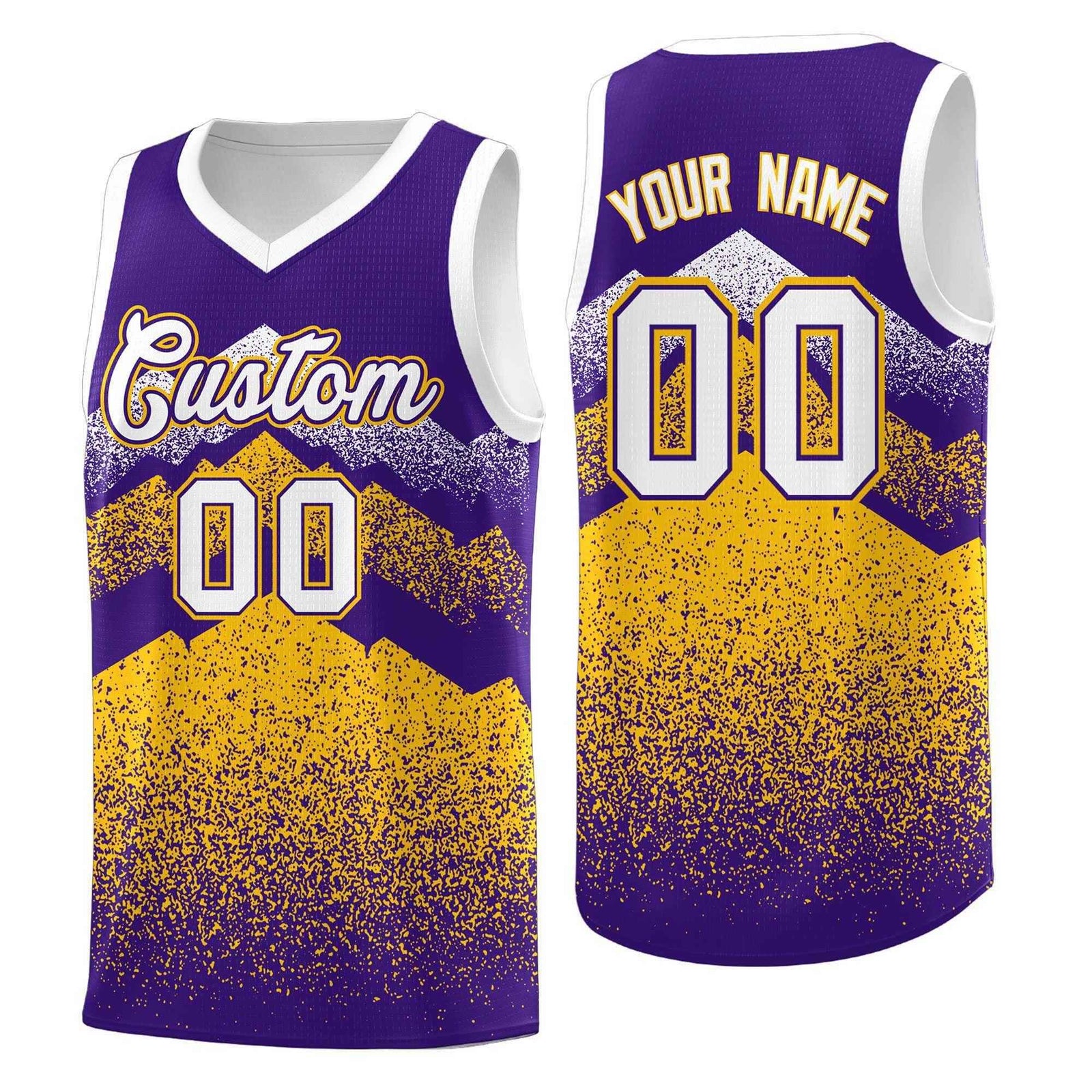 Personalized Youth Basketball Jerseys Purple Gold Gradient Mountain Design Uniforms