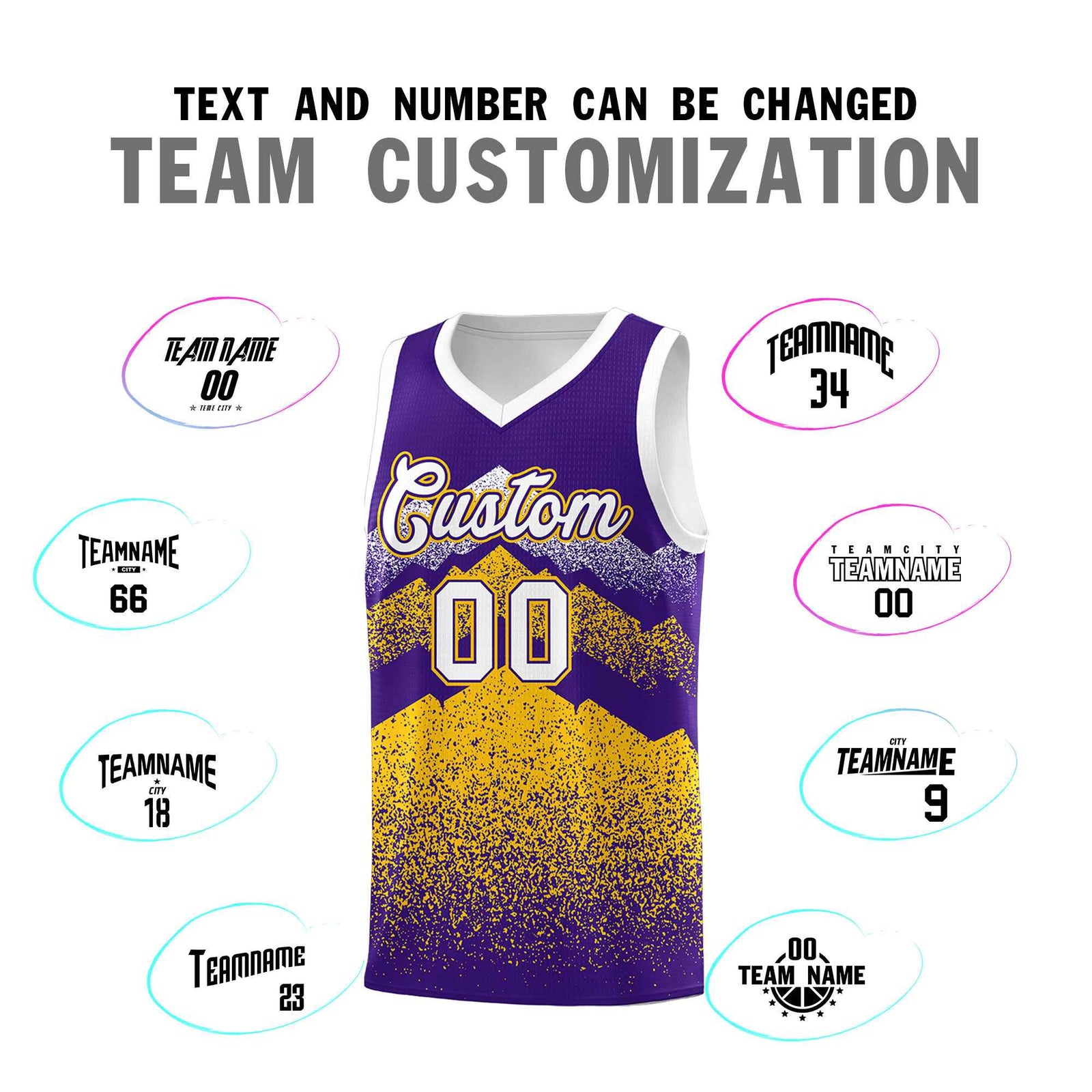 Personalized Youth Basketball Jerseys Purple Gold Gradient Mountain Design Uniforms