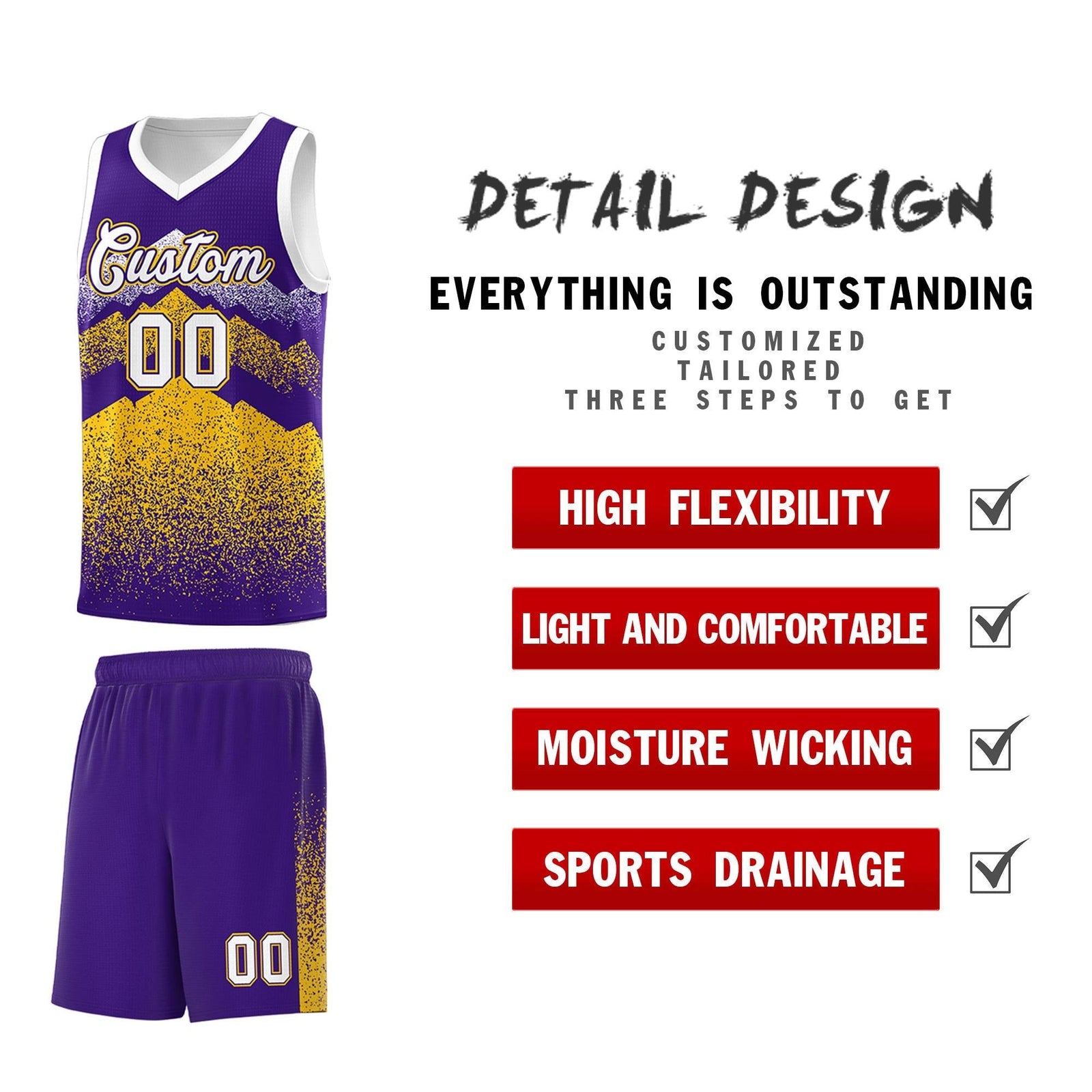 Personalized Youth Basketball Jerseys Purple Gold Gradient Mountain Design Uniforms