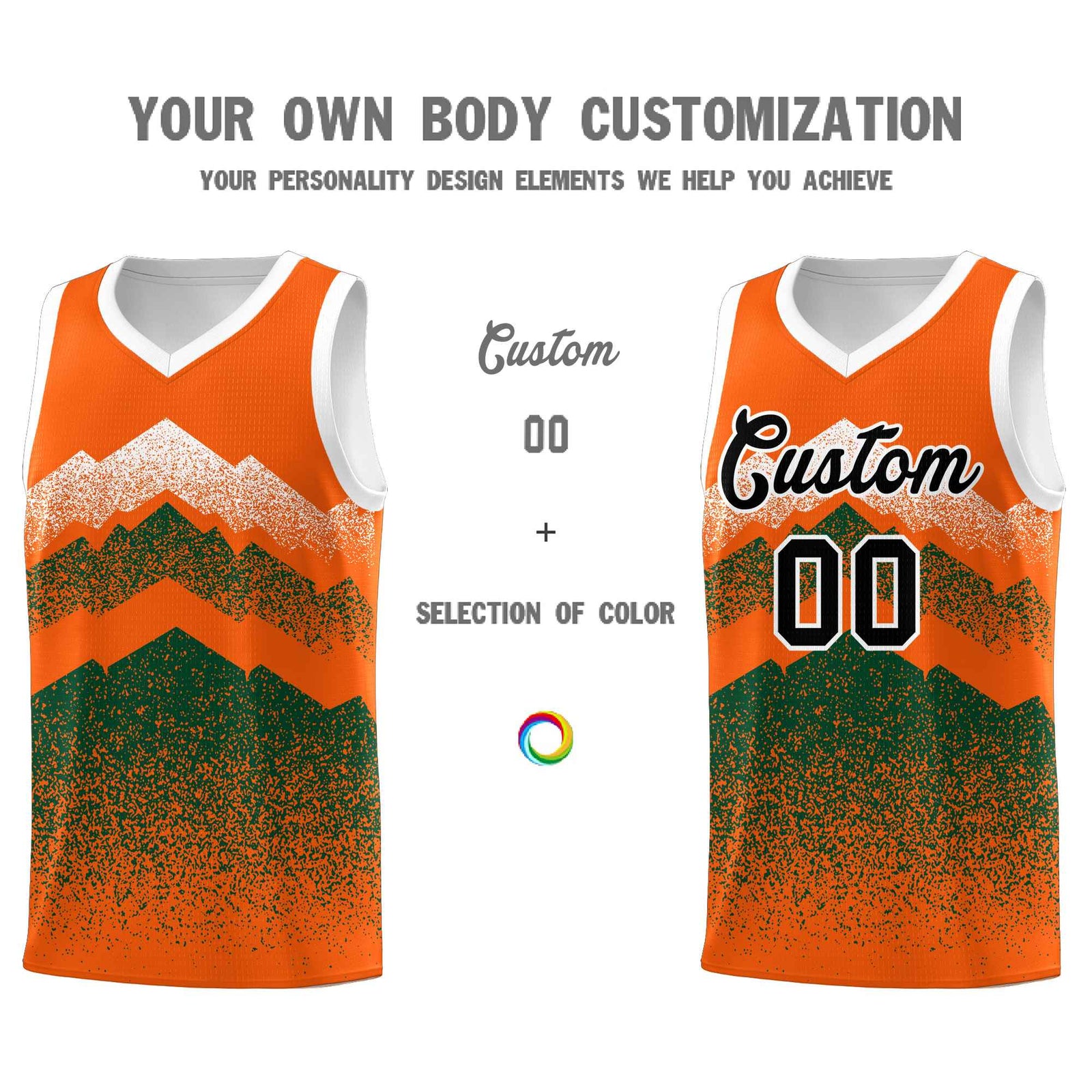 Personalized Youth Basketball Jerseys Orange Green Gradient Mountain Design Uniforms