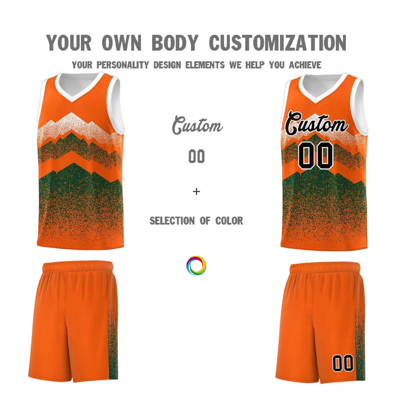 Personalized Youth Basketball Jerseys Orange Green Gradient Mountain Design Uniforms