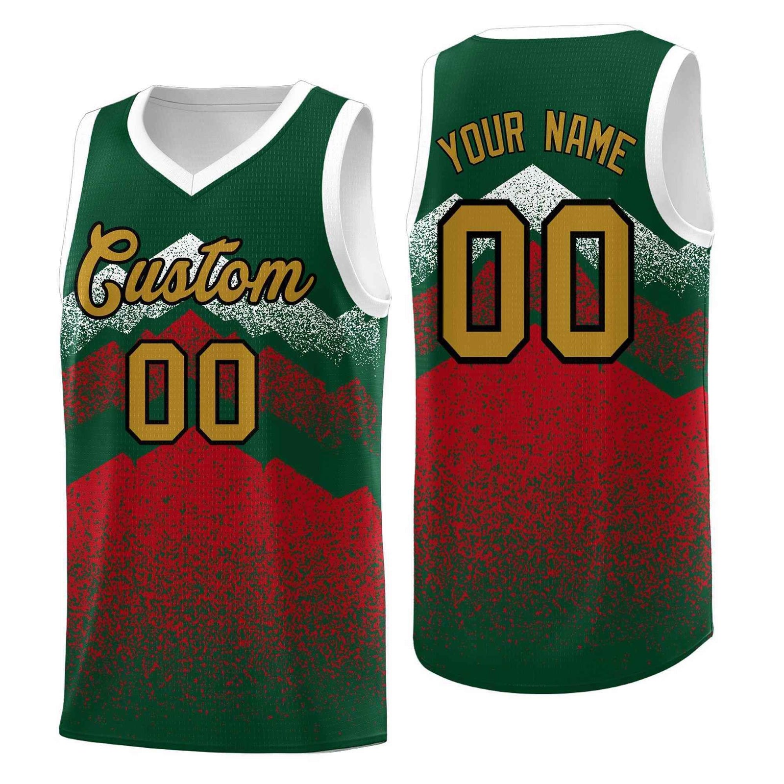 Personalized Youth Basketball Jerseys Green Red Gradient Mountain Design Uniforms