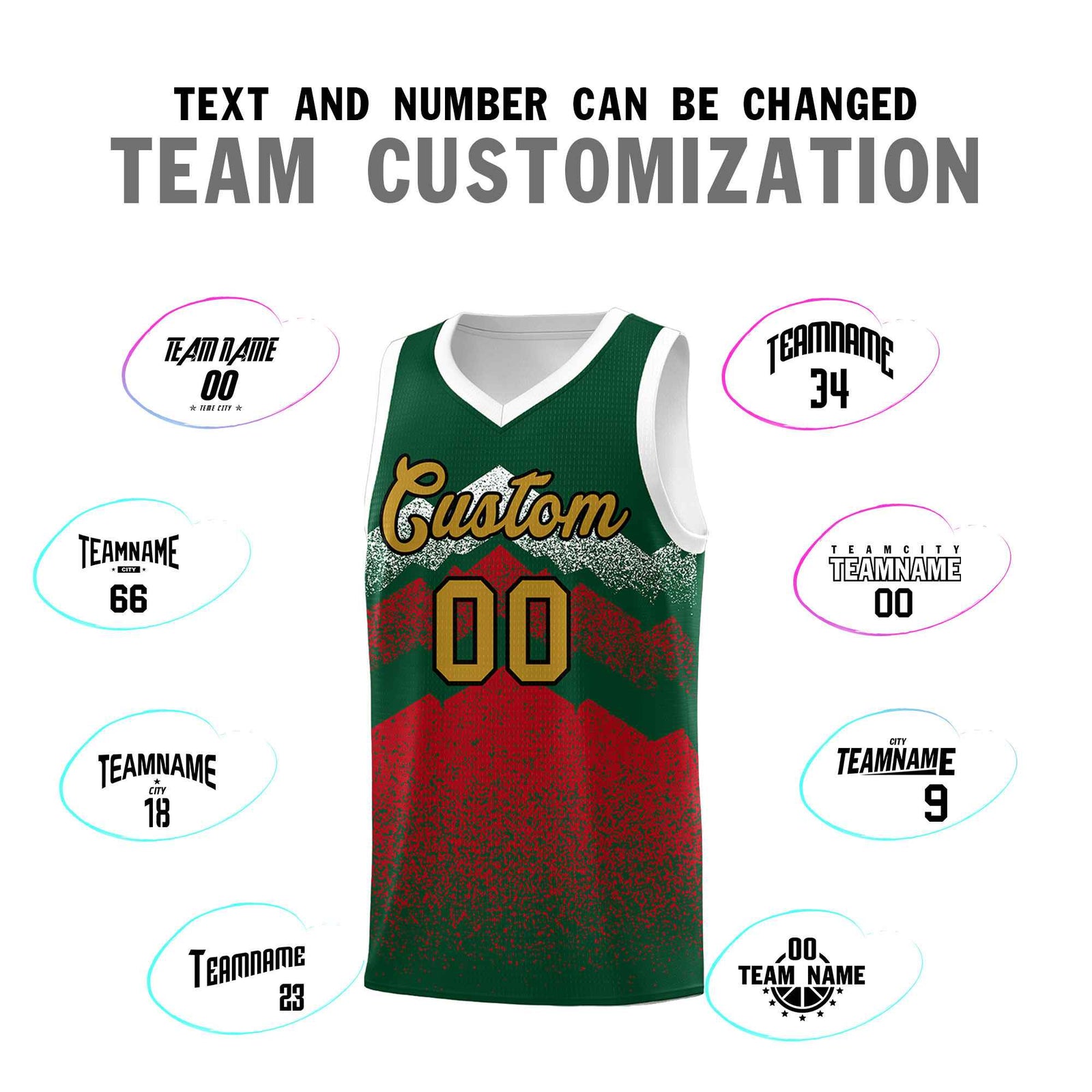 Personalized Youth Basketball Jerseys Green Red Gradient Mountain Design Uniforms