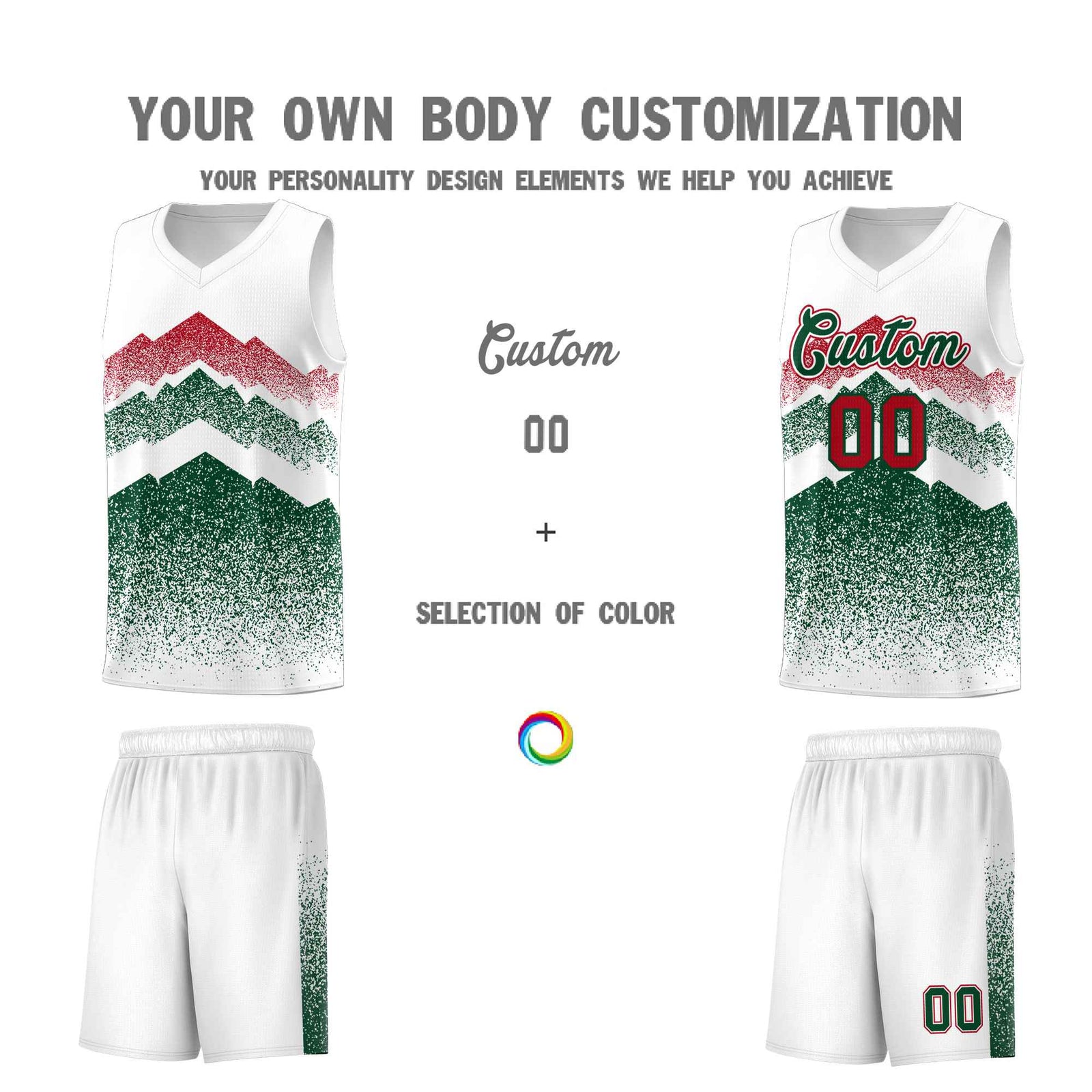 Custom Youth Basketball Jerseys White Green Gradient Mountain Design Uniforms