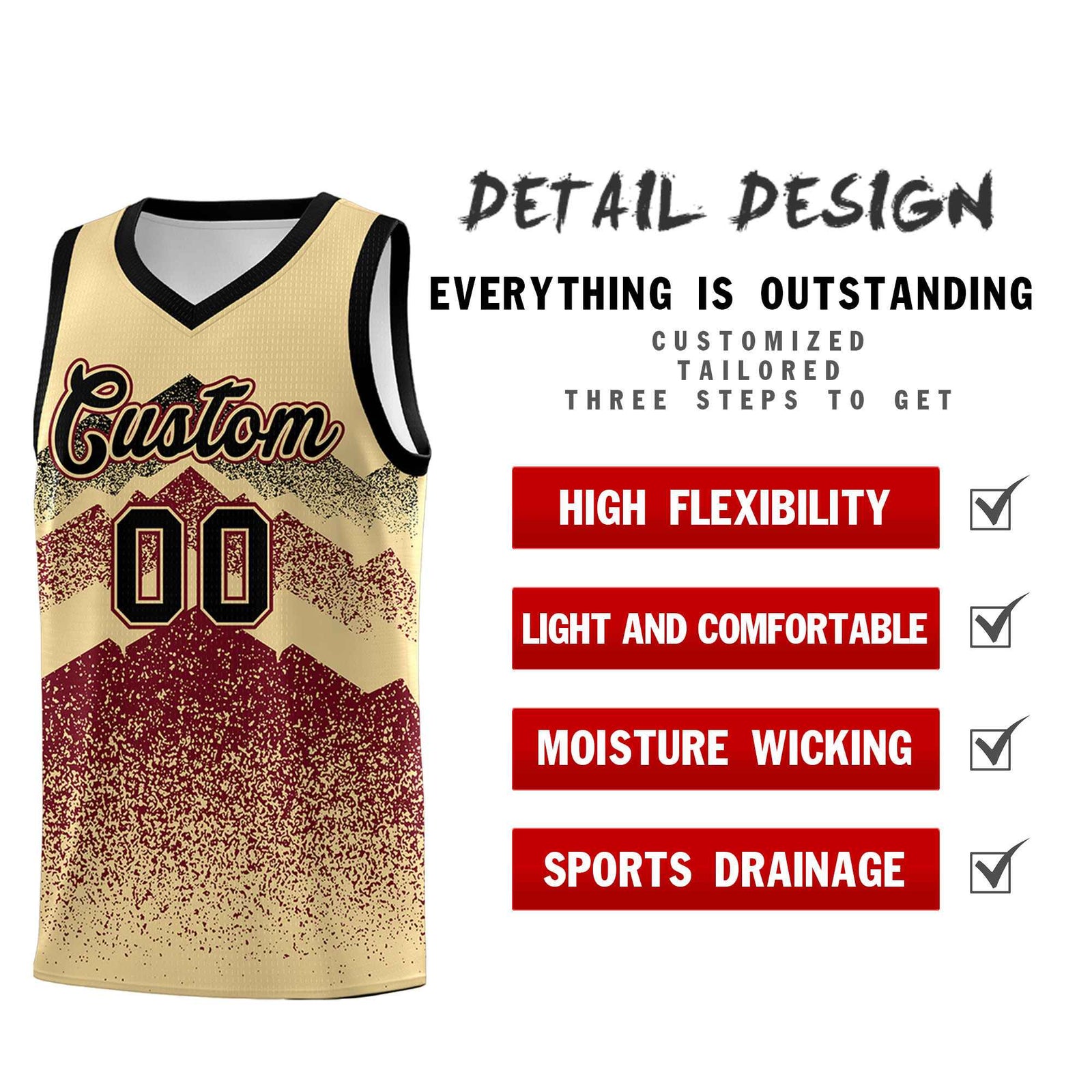 Personalized Youth Basketball Jerseys Khaki Crimson Gradient Mountain Design Uniforms