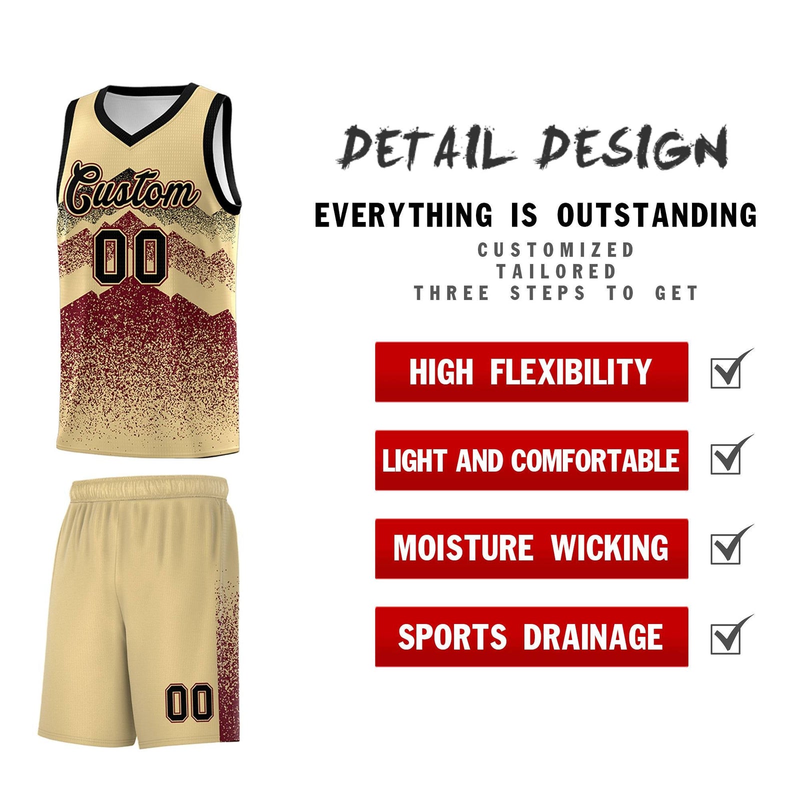 Personalized Youth Basketball Jerseys Khaki Crimson Gradient Mountain Design Uniforms