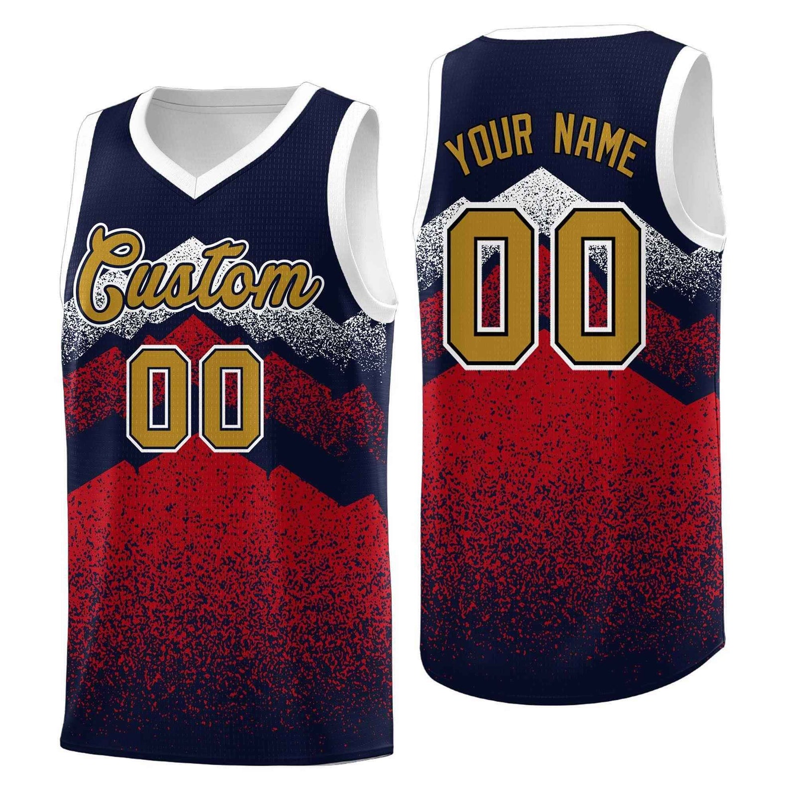 Personalized Youth Basketball Jerseys Navy Red Gradient Mountain Design Uniforms