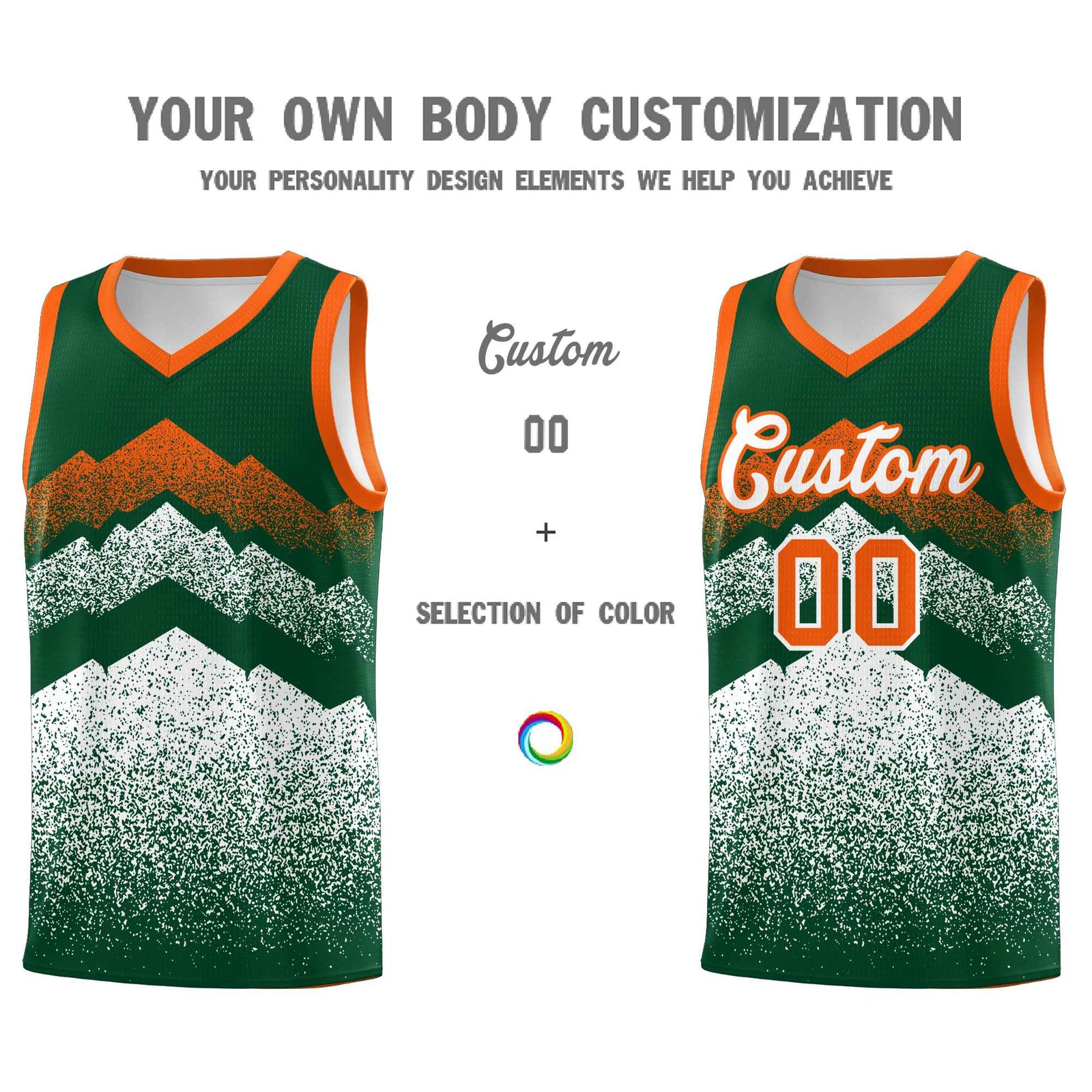 Personalized Youth Basketball Jerseys Green White Gradient Mountain Design Uniforms