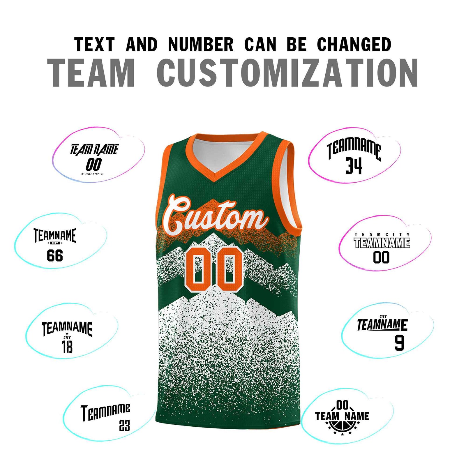 Personalized Youth Basketball Jerseys Green White Gradient Mountain Design Uniforms