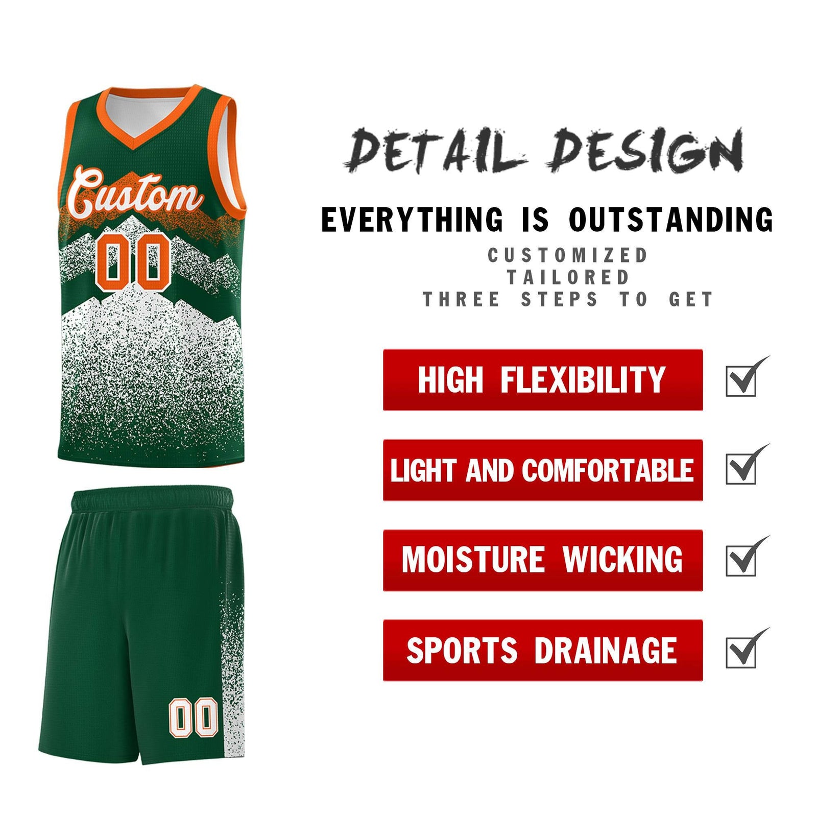 Personalized Youth Basketball Jerseys Green White Gradient Mountain Design Uniforms