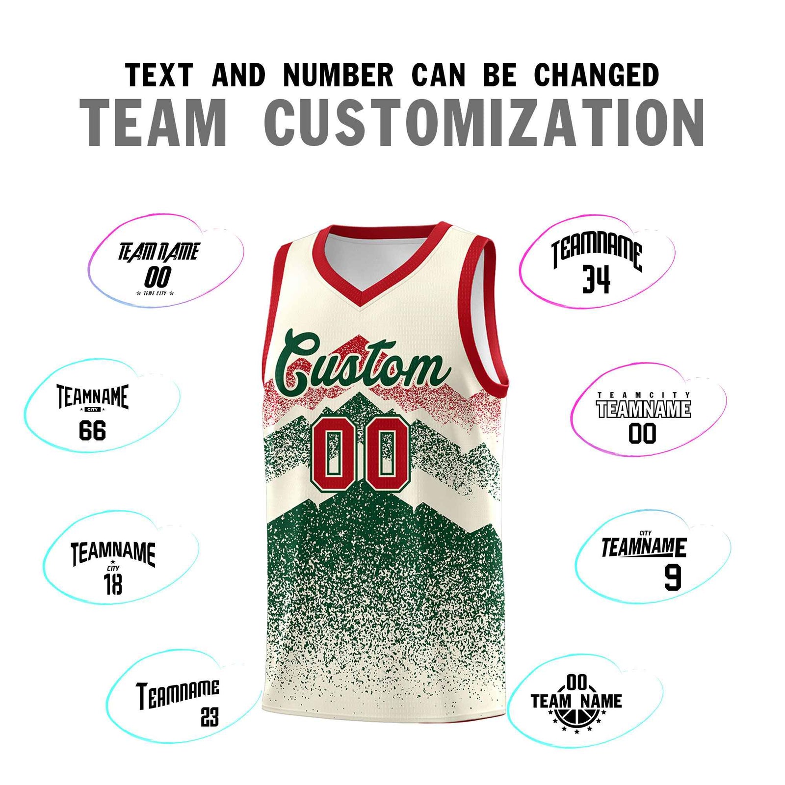 Personalized Youth Basketball Jerseys Cream Green Gradient Mountain Design Uniforms