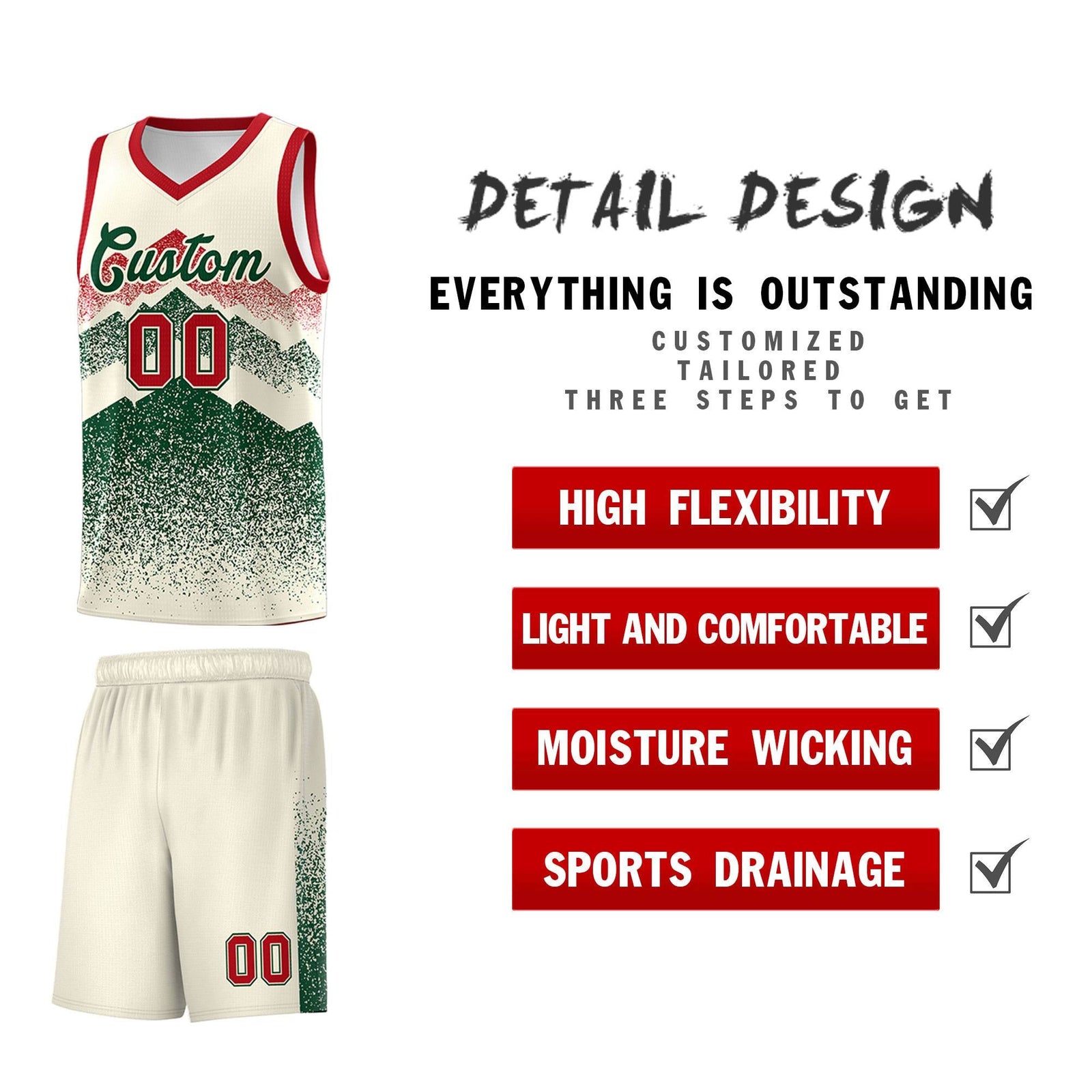Personalized Youth Basketball Jerseys Cream Green Gradient Mountain Design Uniforms