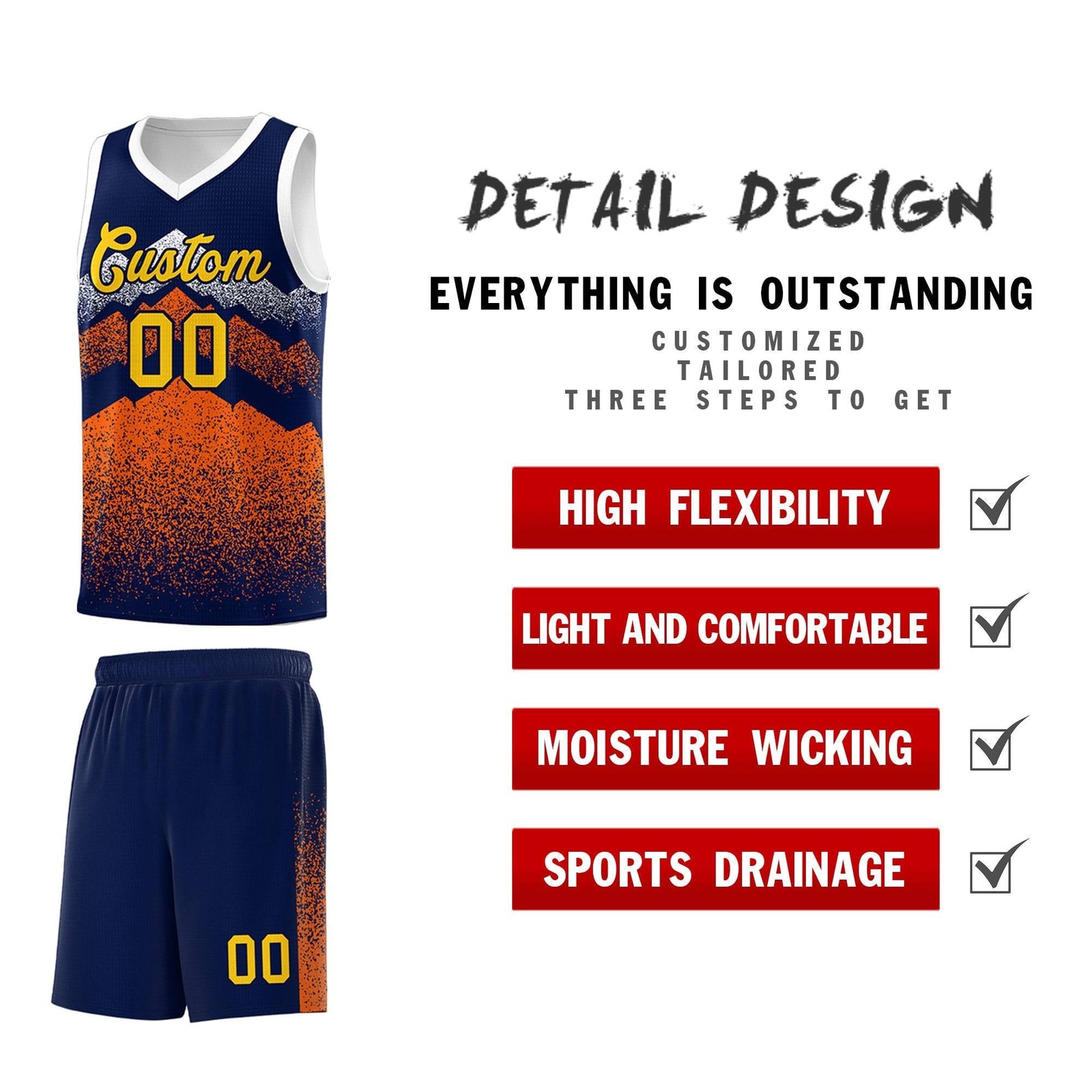 Personalized Youth Basketball Jerseys Navy Orange Gradient Mountain Design Uniforms