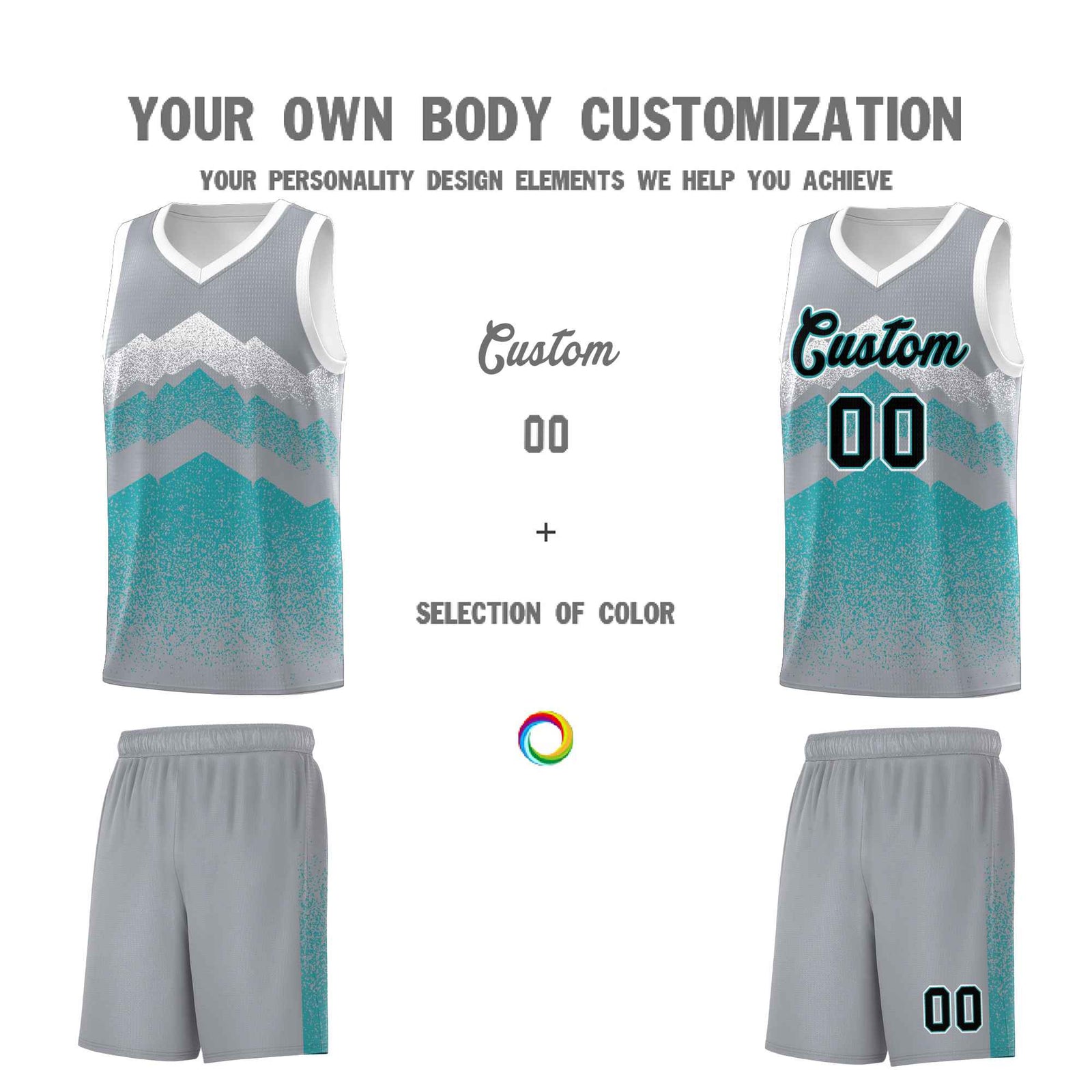 Personalized Youth Basketball Jerseys Silver Teal Gradient Mountain Design Uniforms