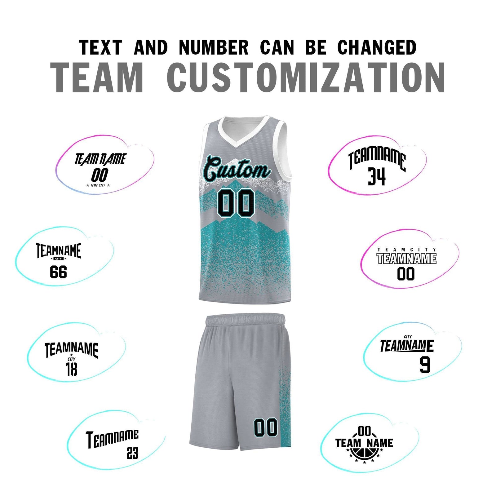 Personalized Youth Basketball Jerseys Silver Teal Gradient Mountain Design Uniforms