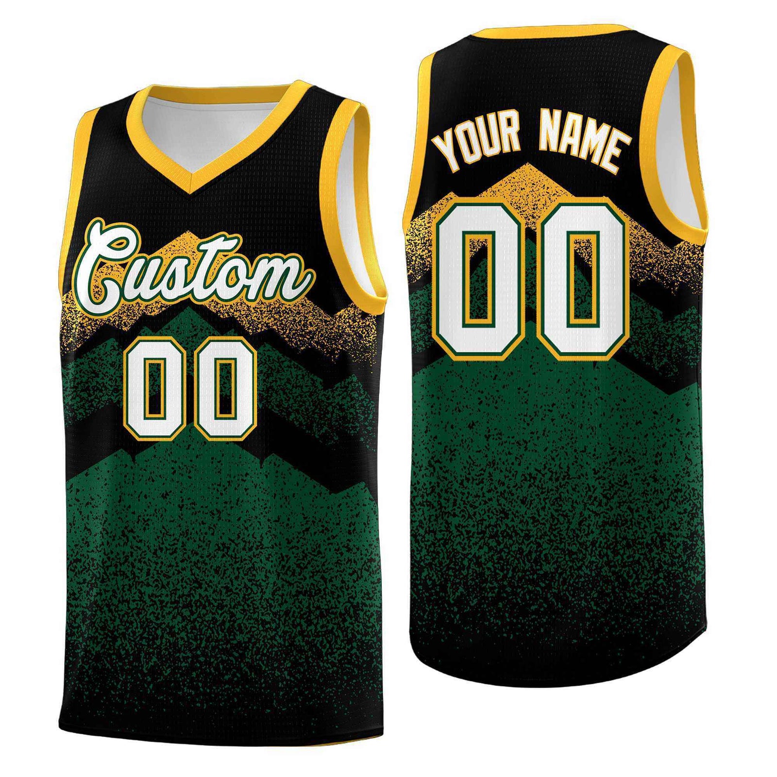 Custom Youth Basketball Jerseys Black Green Gradient Mountain Design Uniforms